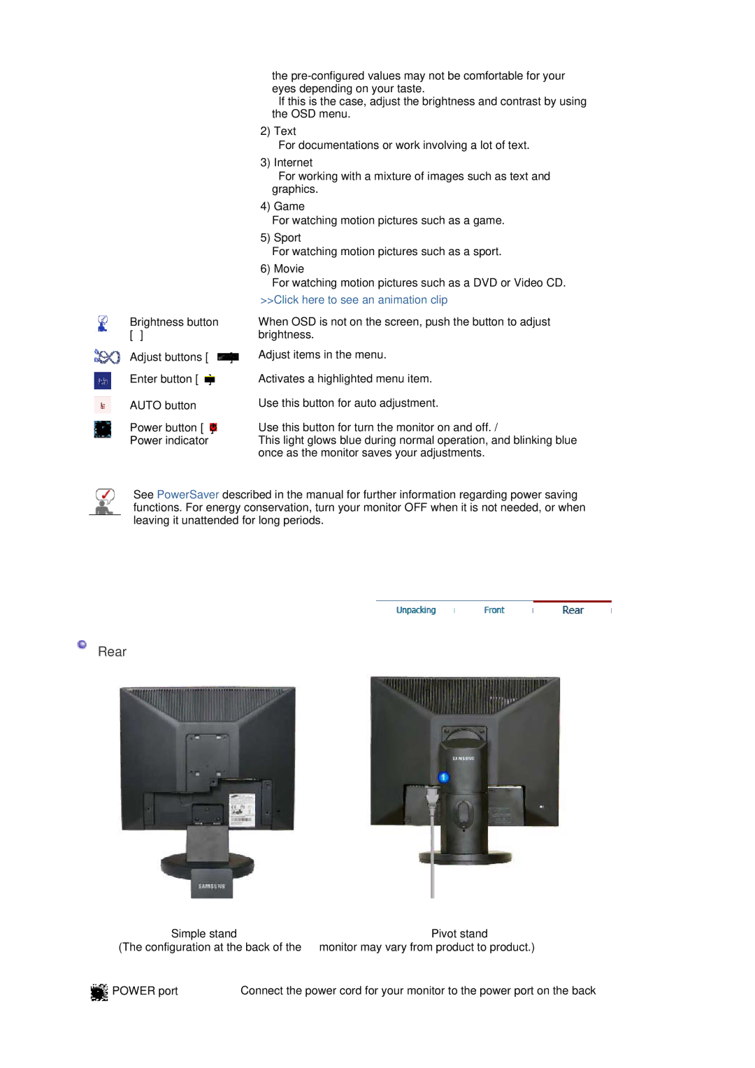 Samsung 940T, 940B For watching motion pictures such as a sport, For watching motion pictures such as a DVD or Video CD 