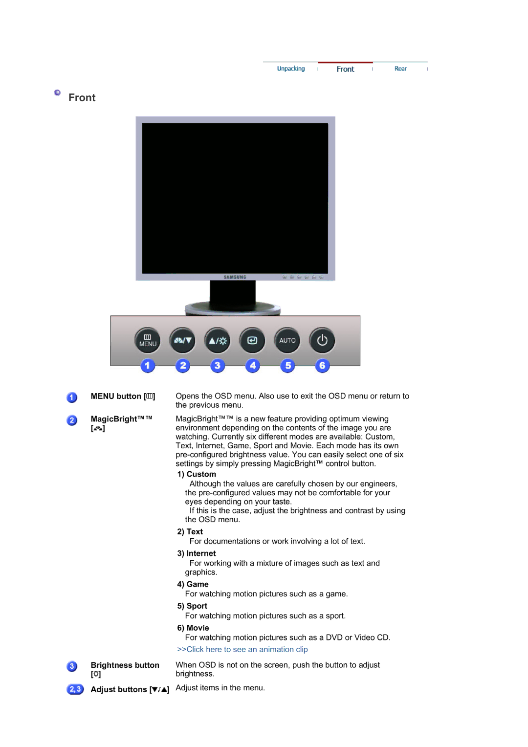 Samsung 940N, 940T, 940B, 940FN, 740B, 740N, 740T, 540B manual Menu button MagicBright Brightness button Adjust buttons, Custom 