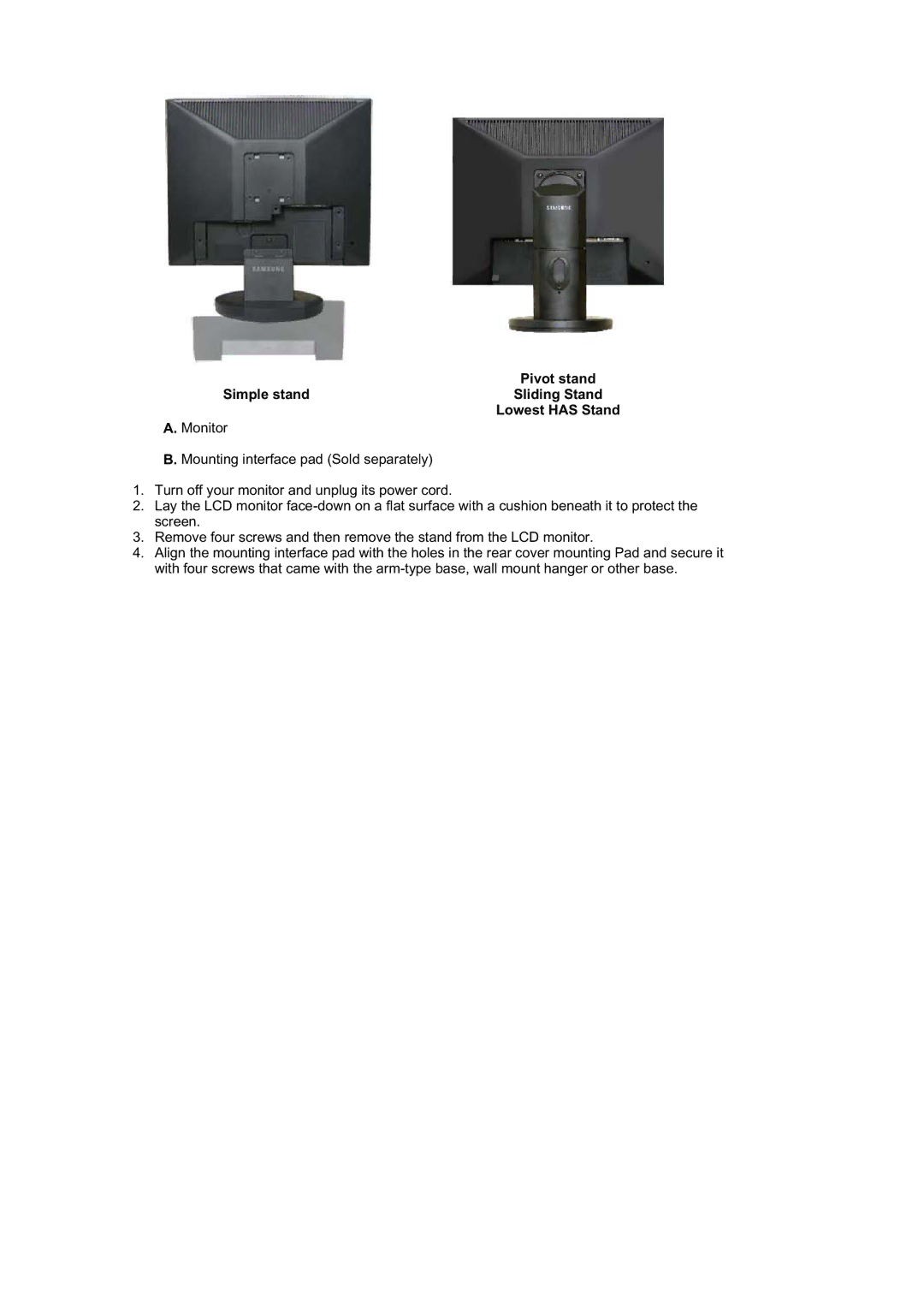 Samsung 540B, 940T, 940B, 940FN, 940N, 740B, 740N, 740T manual Pivot stand Simple standSliding Stand Lowest has Stand 