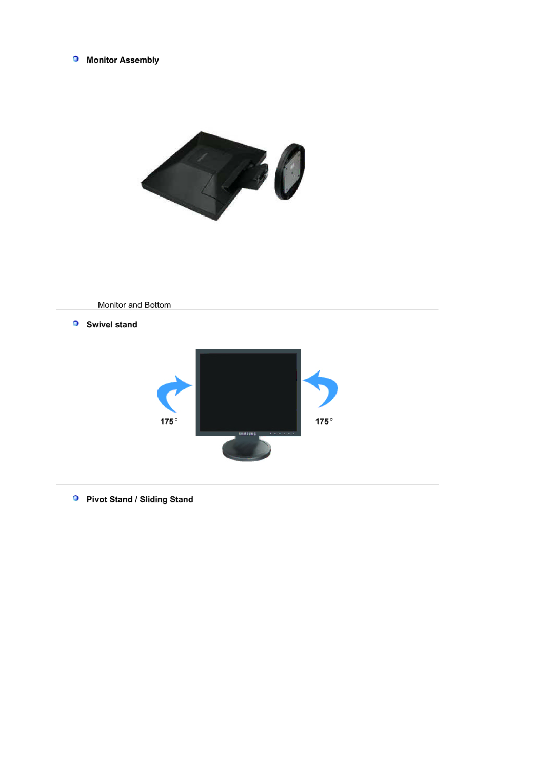 Samsung 940B, 940T, 940FN, 940N, 740B, 740N, 740T, 540B manual Monitor Assembly, Swivel stand Pivot Stand / Sliding Stand 