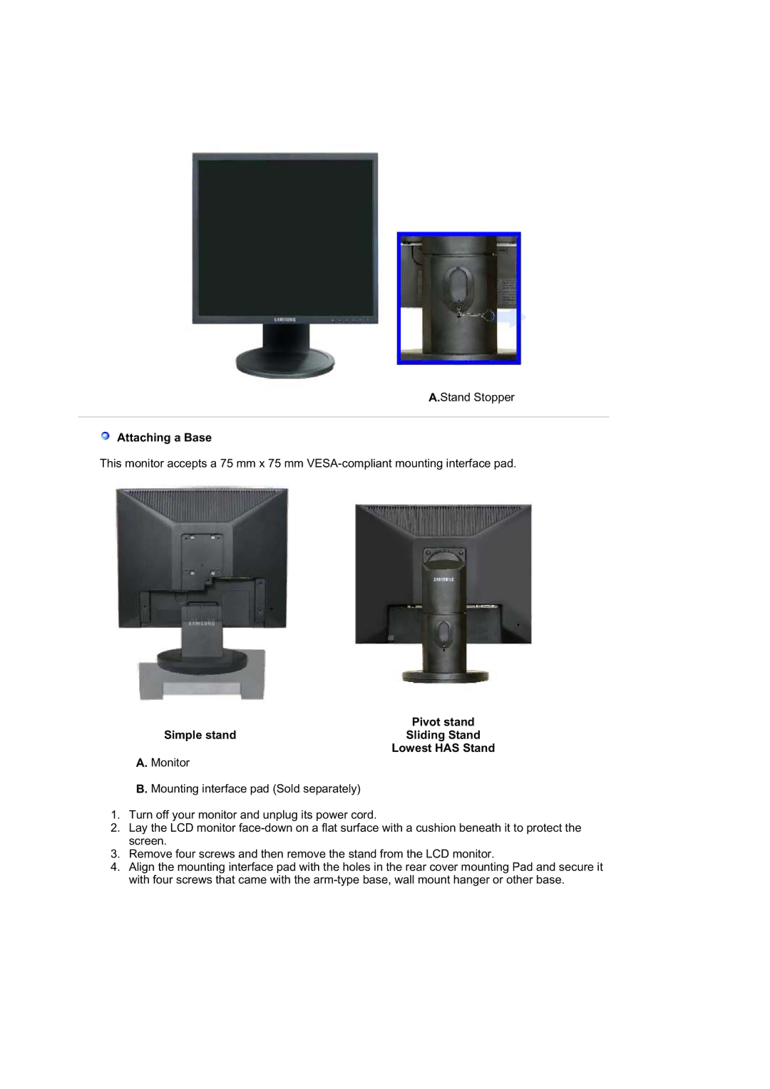 Samsung 940FN, 940T, 940B, 940N, 740B, 740N, 740T, 540B manual Attaching a Base 