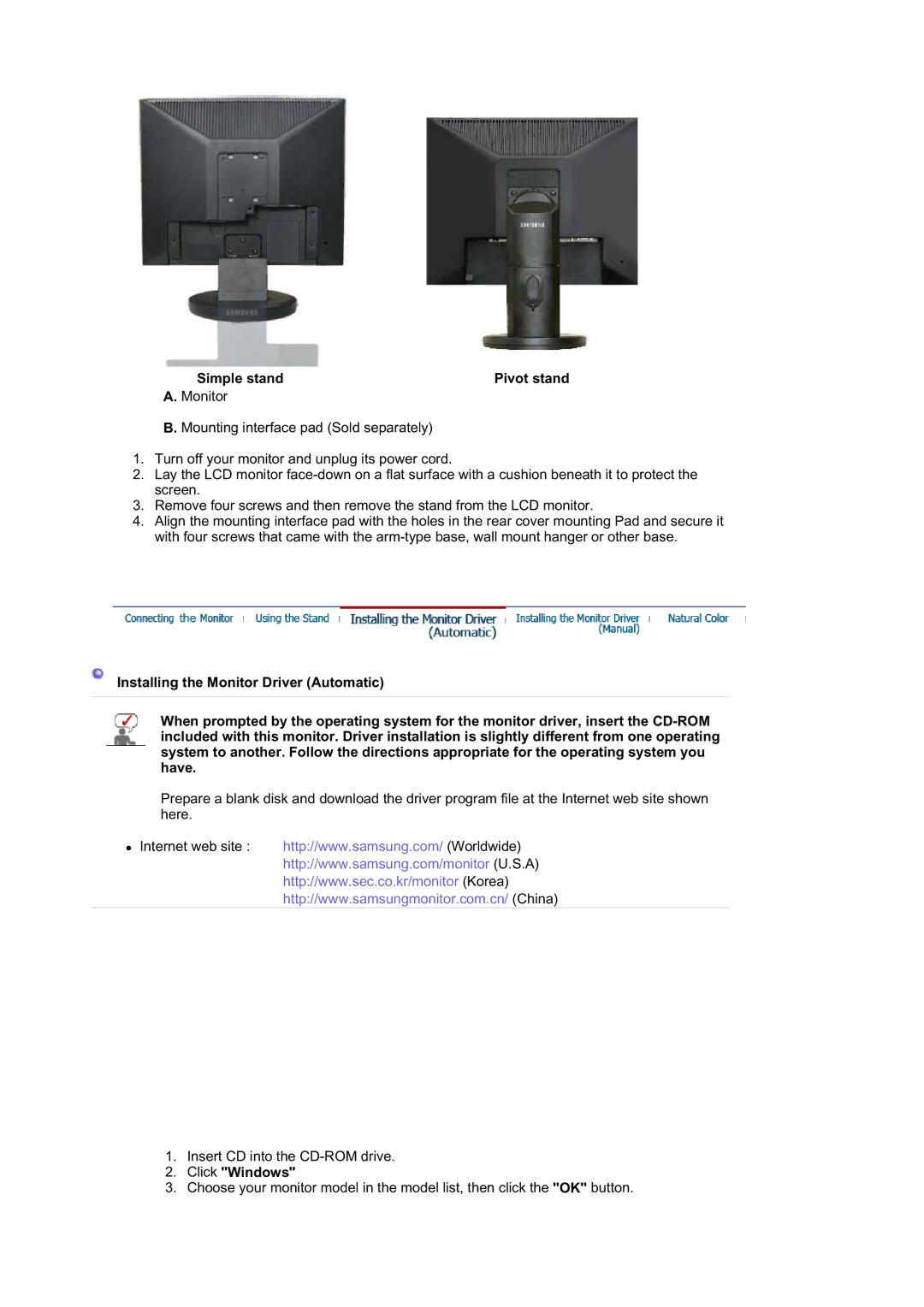 Samsung 540B, 940T, 940B, 940FN, 940N, 740B, 740N, 740T manual Simple stand Pivot stand, Click Windows 