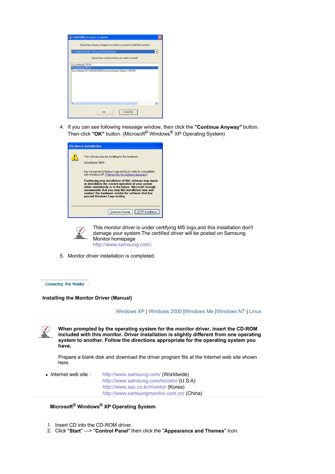 Samsung 940T, 940B, 940FN, 940N, 740B, 740N, 740T Installing the Monitor Driver Manual, Microsoft Windows XP Operating System 