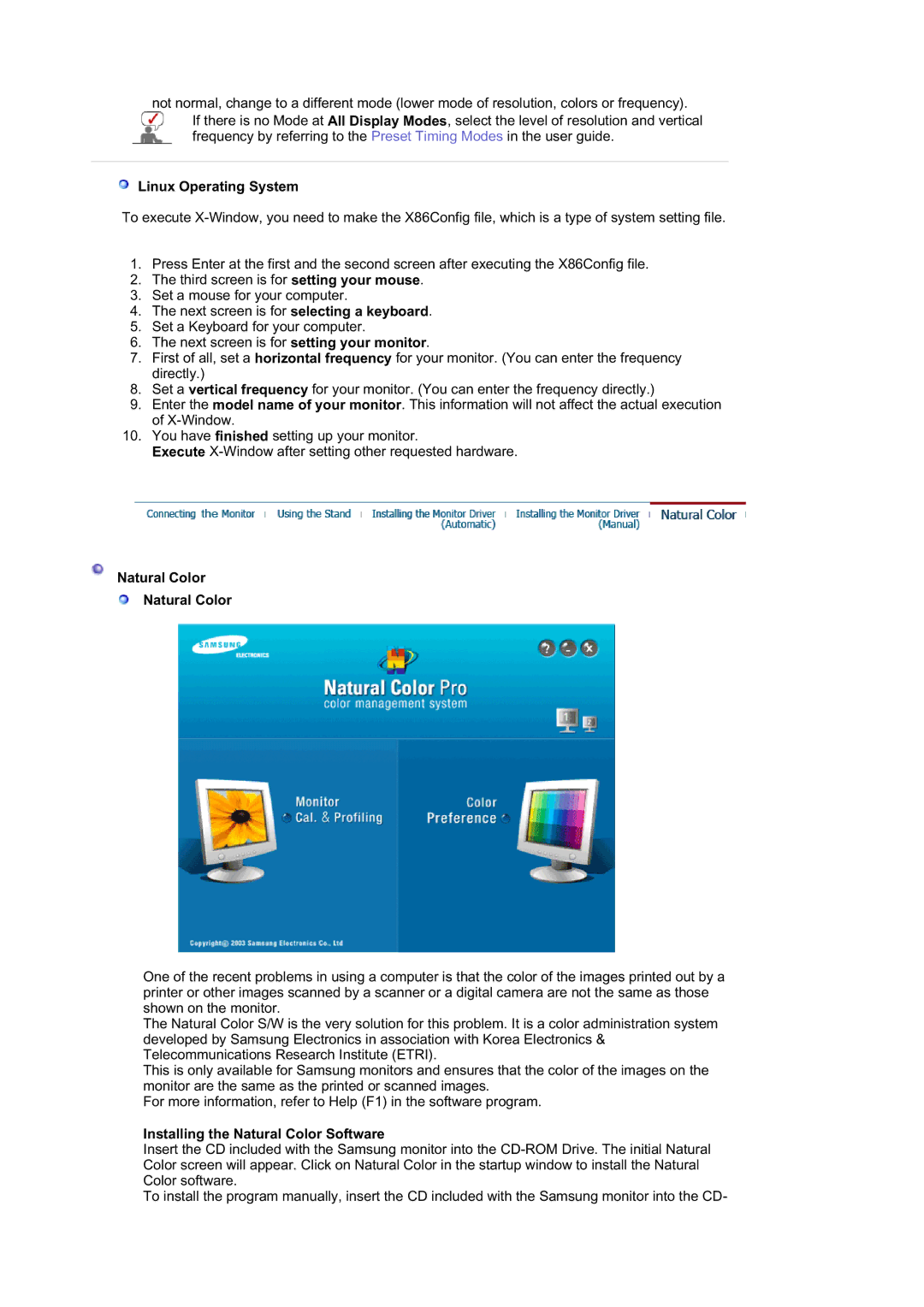 Samsung 740B, 940T, 940B, 940FN, 940N, 740N, 740T, 540B manual Linux Operating System, Installing the Natural Color Software 