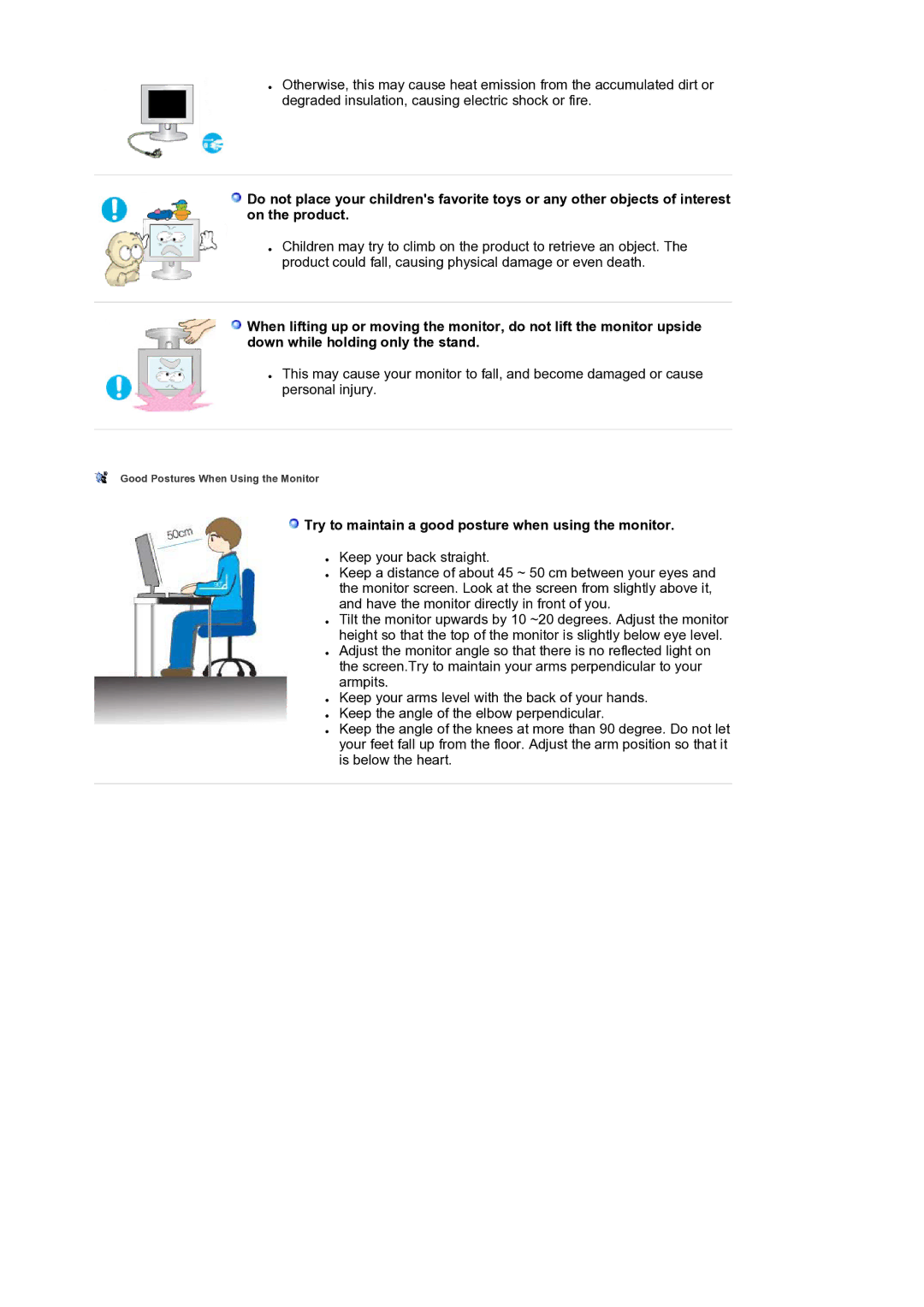 Samsung 940B, 940T, 940FN, 940N, 740B, 740N, 740T, 540B manual Try to maintain a good posture when using the monitor 