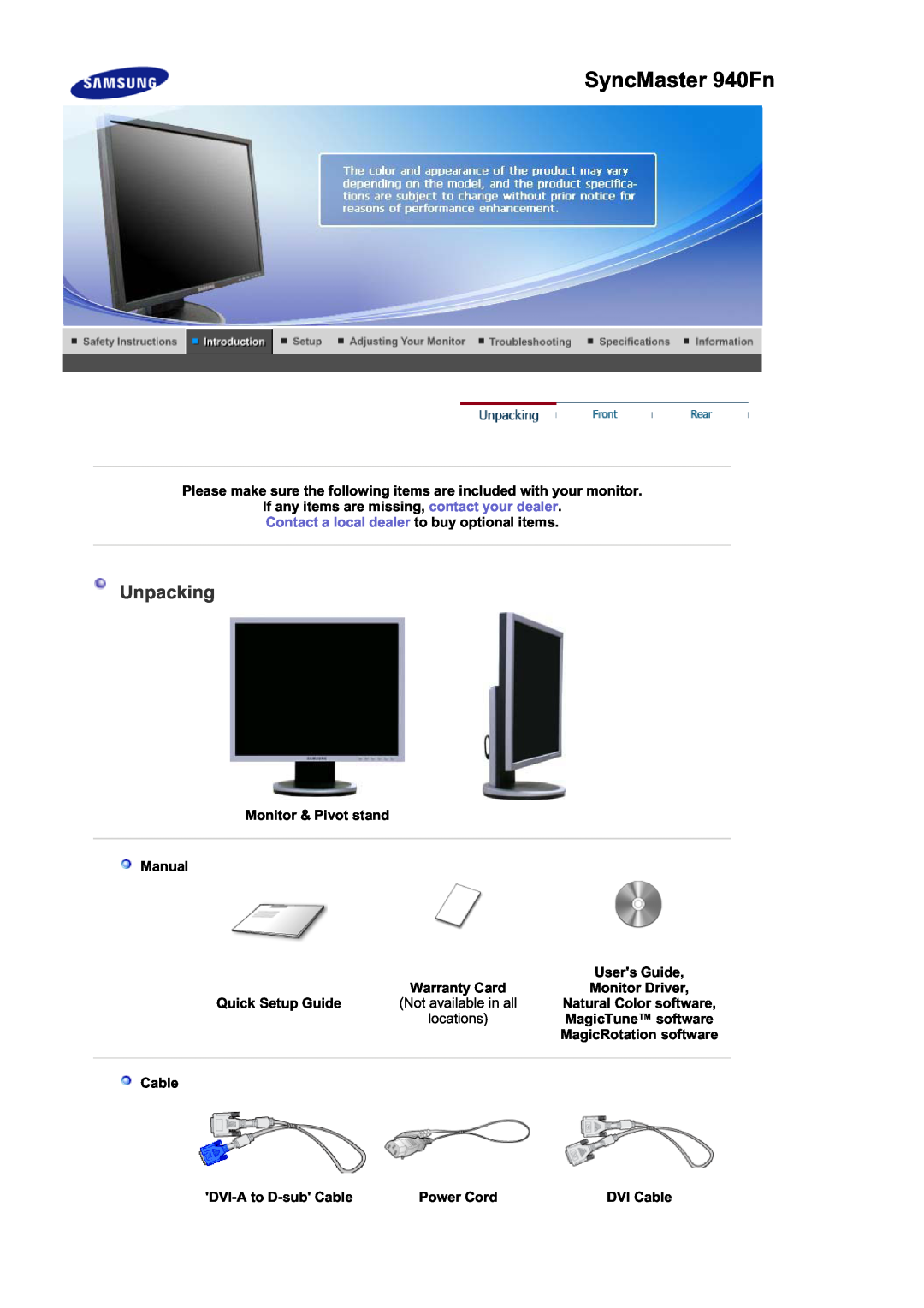 Samsung 940FN SyncMaster 940Fn, Monitor & Pivot stand Manual, DVI-A to D-sub Cable, DVI Cable, Unpacking, Users Guide 