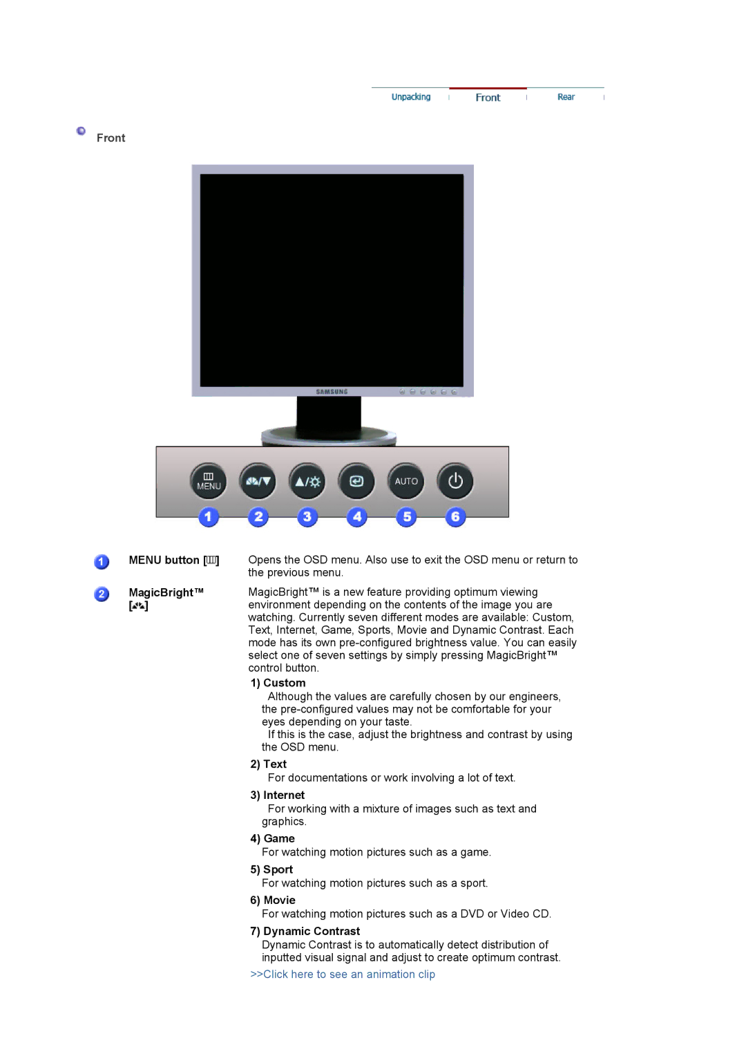 Samsung 940T manual Menu button, MagicBright, Custom, Text, Internet, Game, Sport, Movie, Dynamic Contrast 