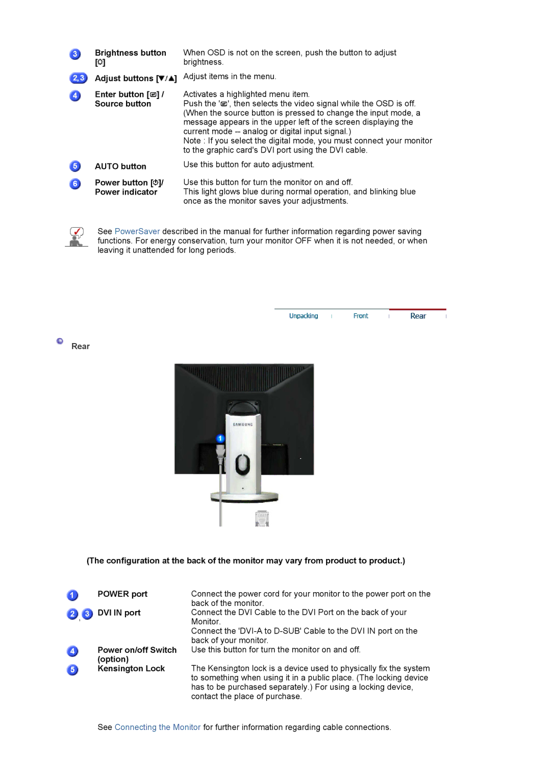 Samsung 940T Brightness button, Adjust buttons, Enter button, Source button, Auto button Power button / Power indicator 