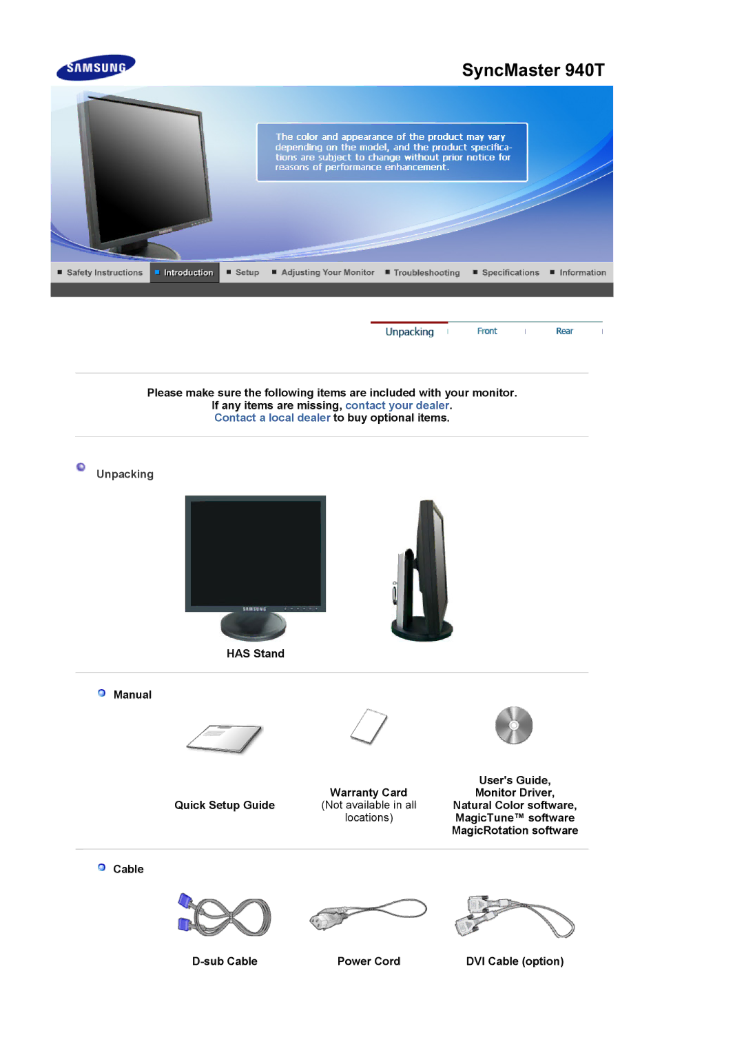 Samsung manual SyncMaster 940T, Cable Sub Cable Power Cord DVI Cable option 