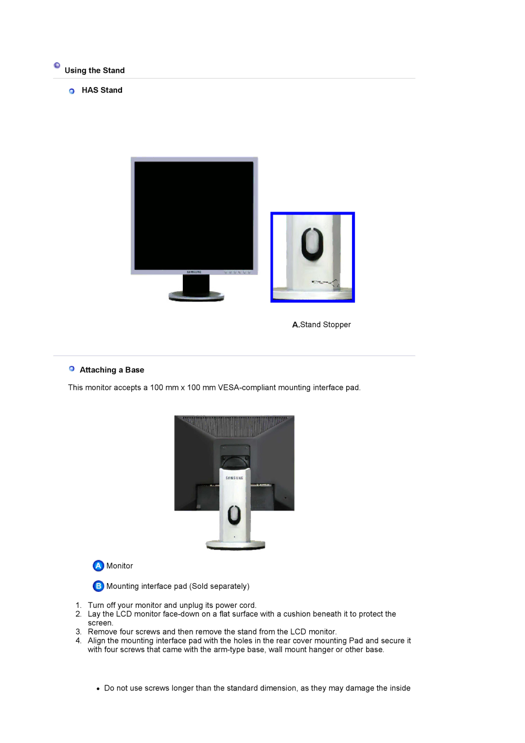 Samsung 940T manual Using the Stand Has Stand, Attaching a Base 