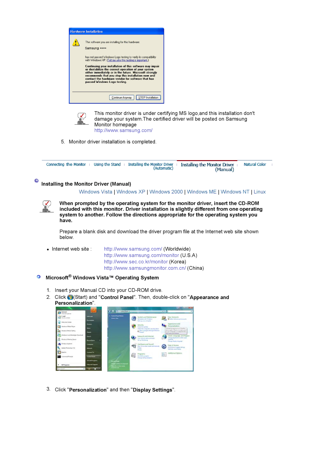 Samsung 940T manual Installing the Monitor Driver Manual, Microsoft Windows Vista Operating System 