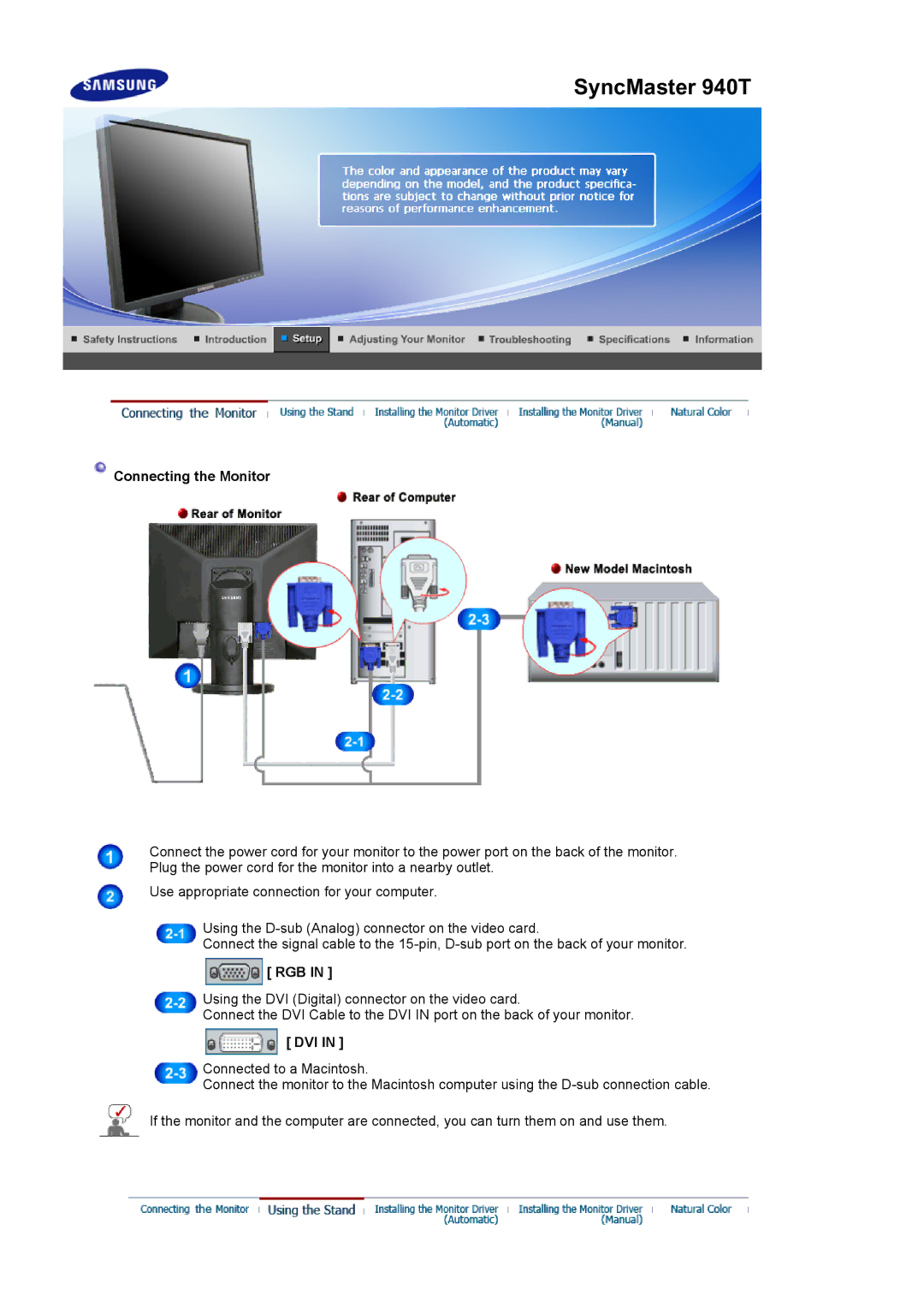 Samsung 940T manual Connecting the Monitor, Rgb 