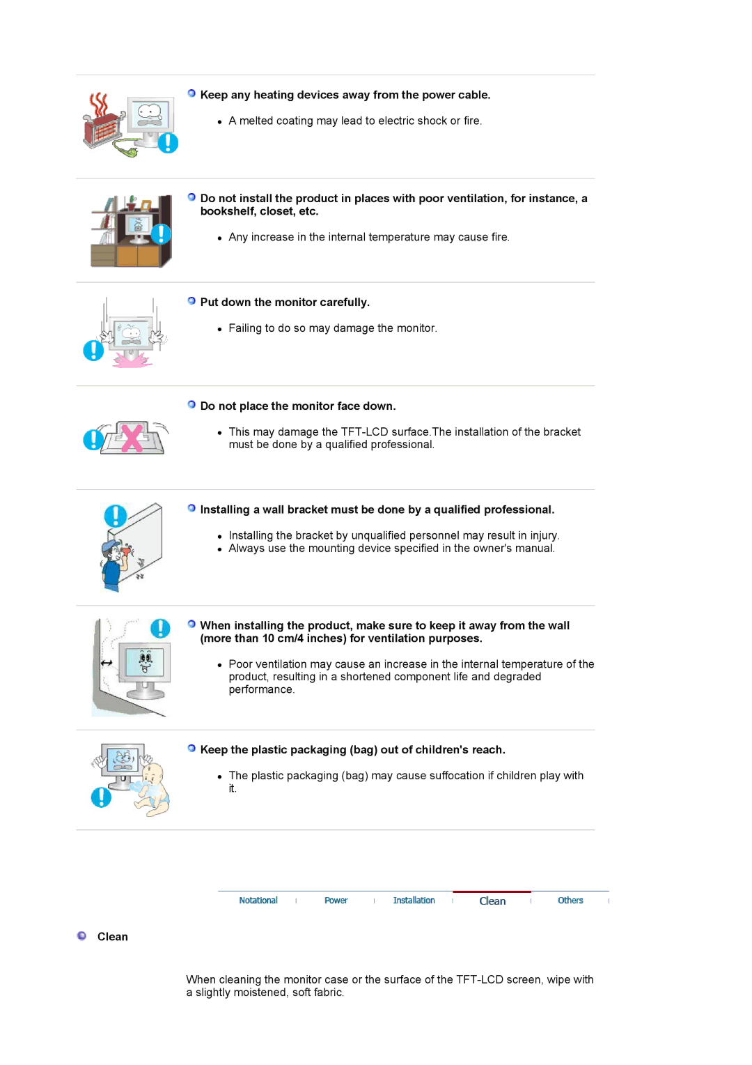 Samsung 940T manual Keep any heating devices away from the power cable, Put down the monitor carefully, Clean 