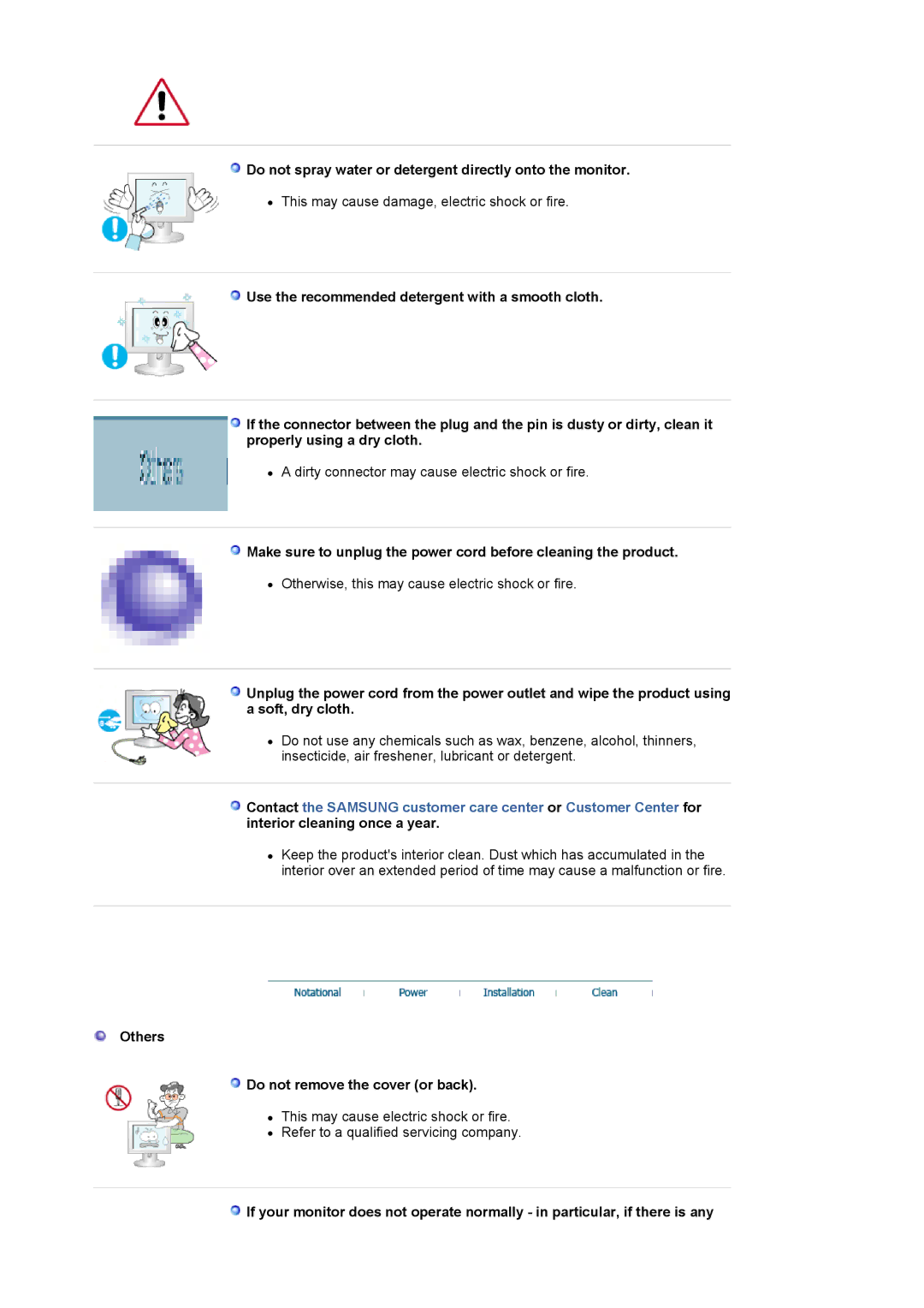 Samsung 940T manual Do not spray water or detergent directly onto the monitor, Others Do not remove the cover or back 