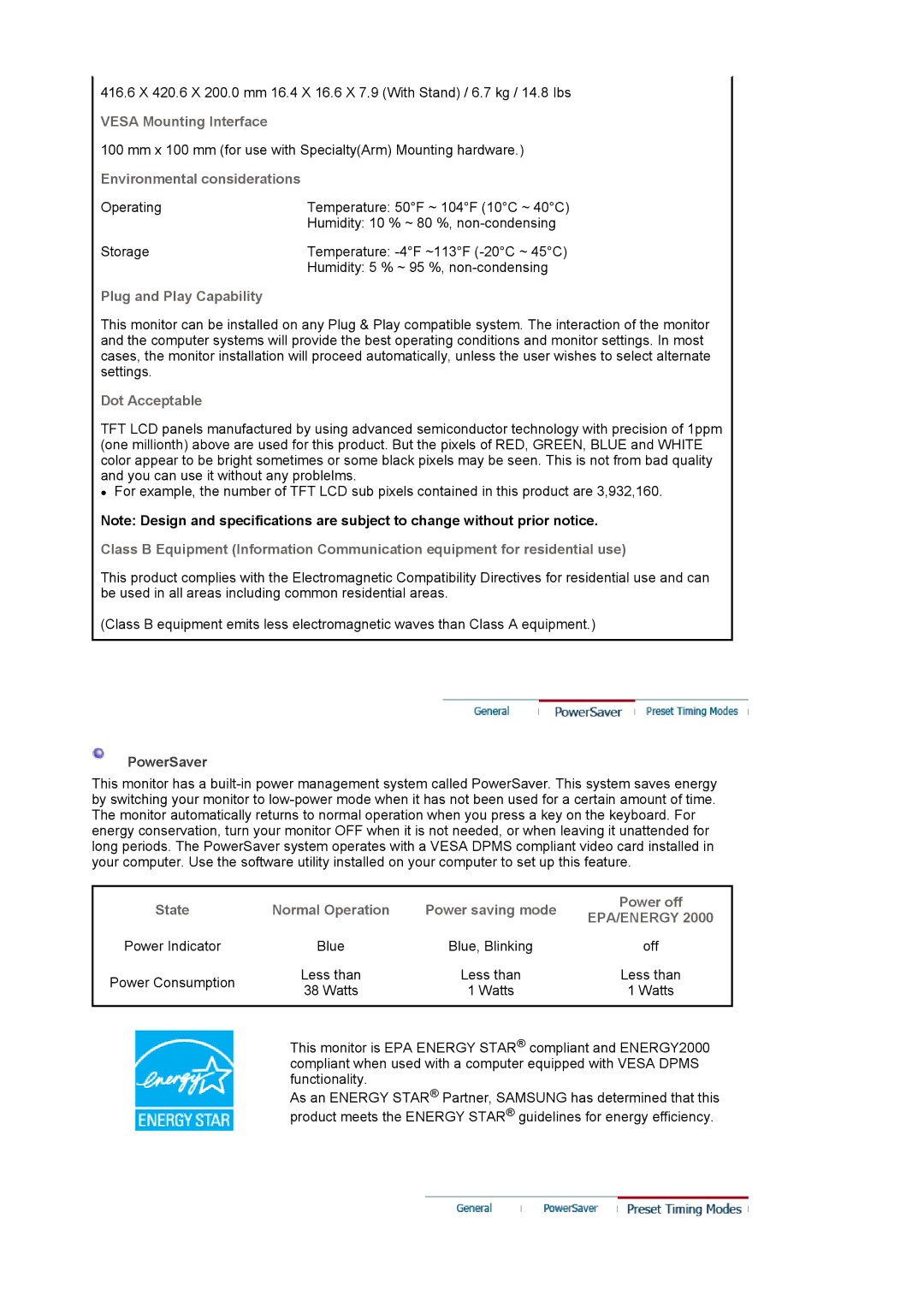 Samsung 940T manual State Normal Operation Power saving mode Power off, Epa/Energy 