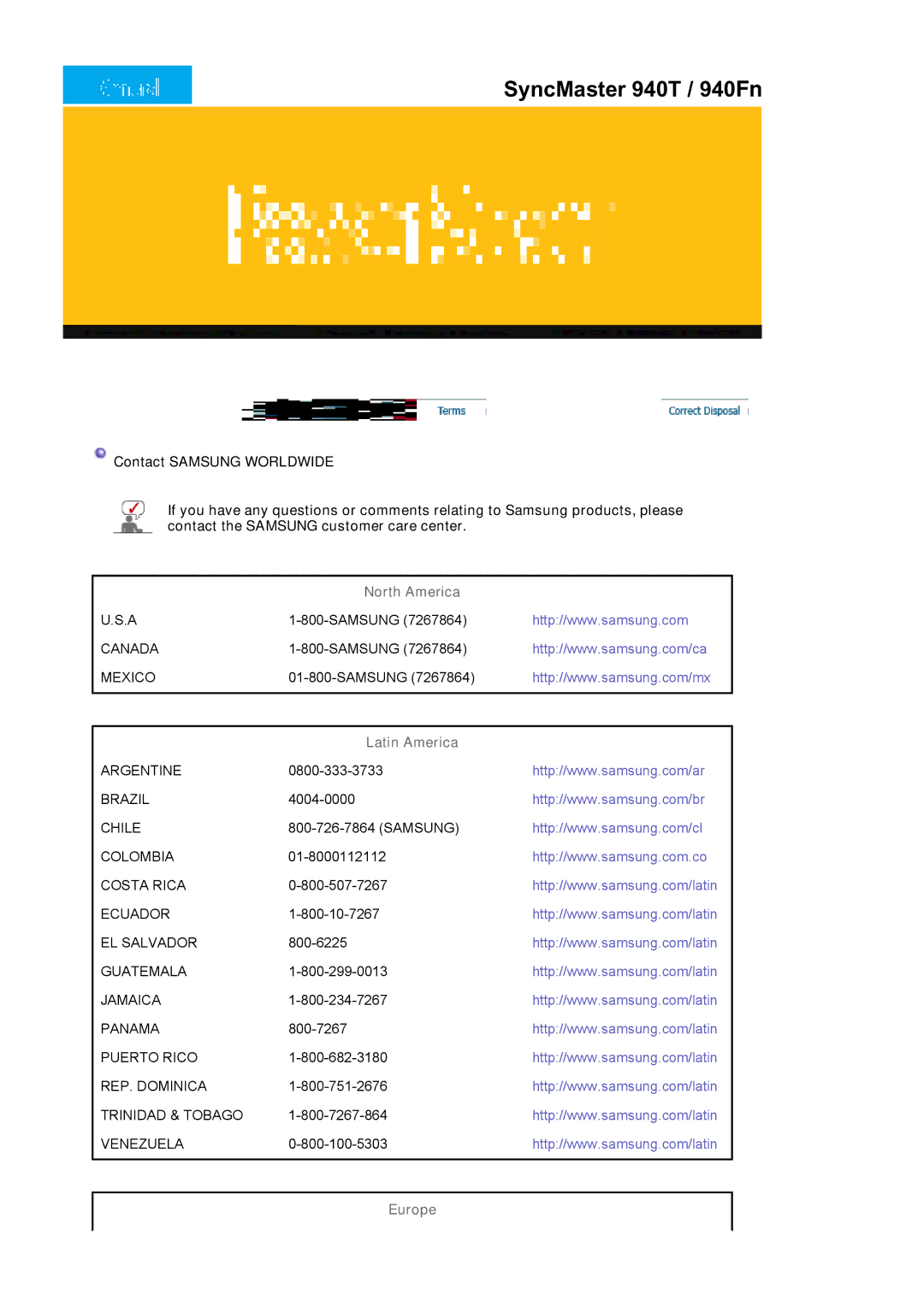 Samsung 940T manual North America, Latin America, Europe 