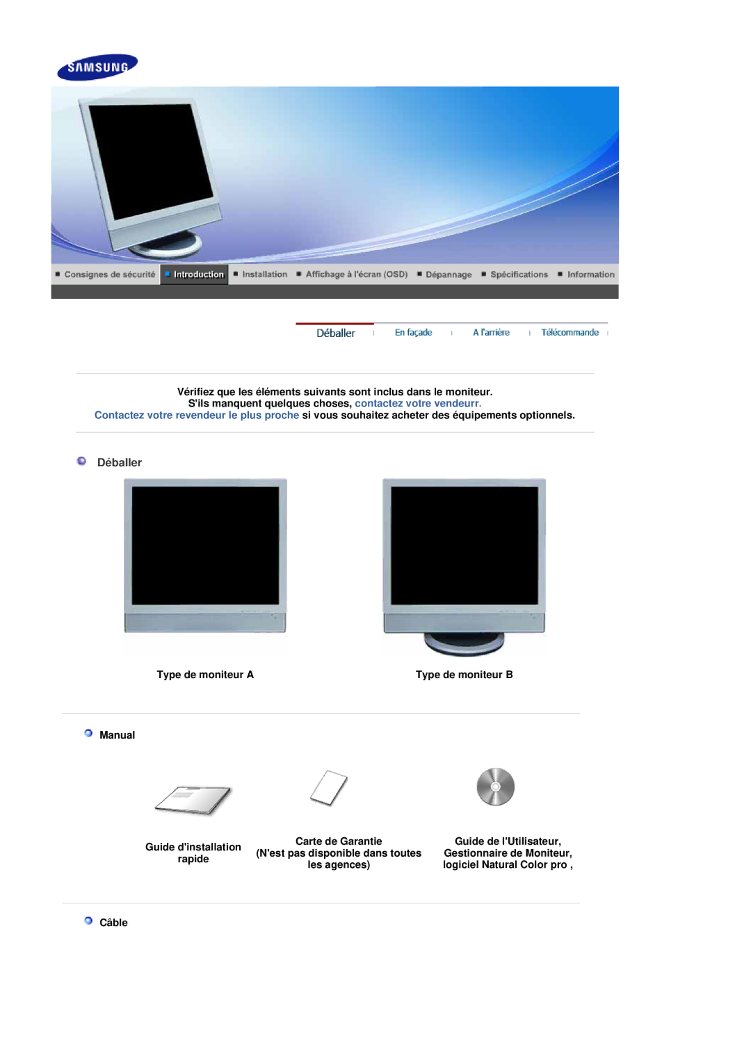 Samsung 941MP, 741MP manual Déballer, Type de moniteur a, Manual, Câble 