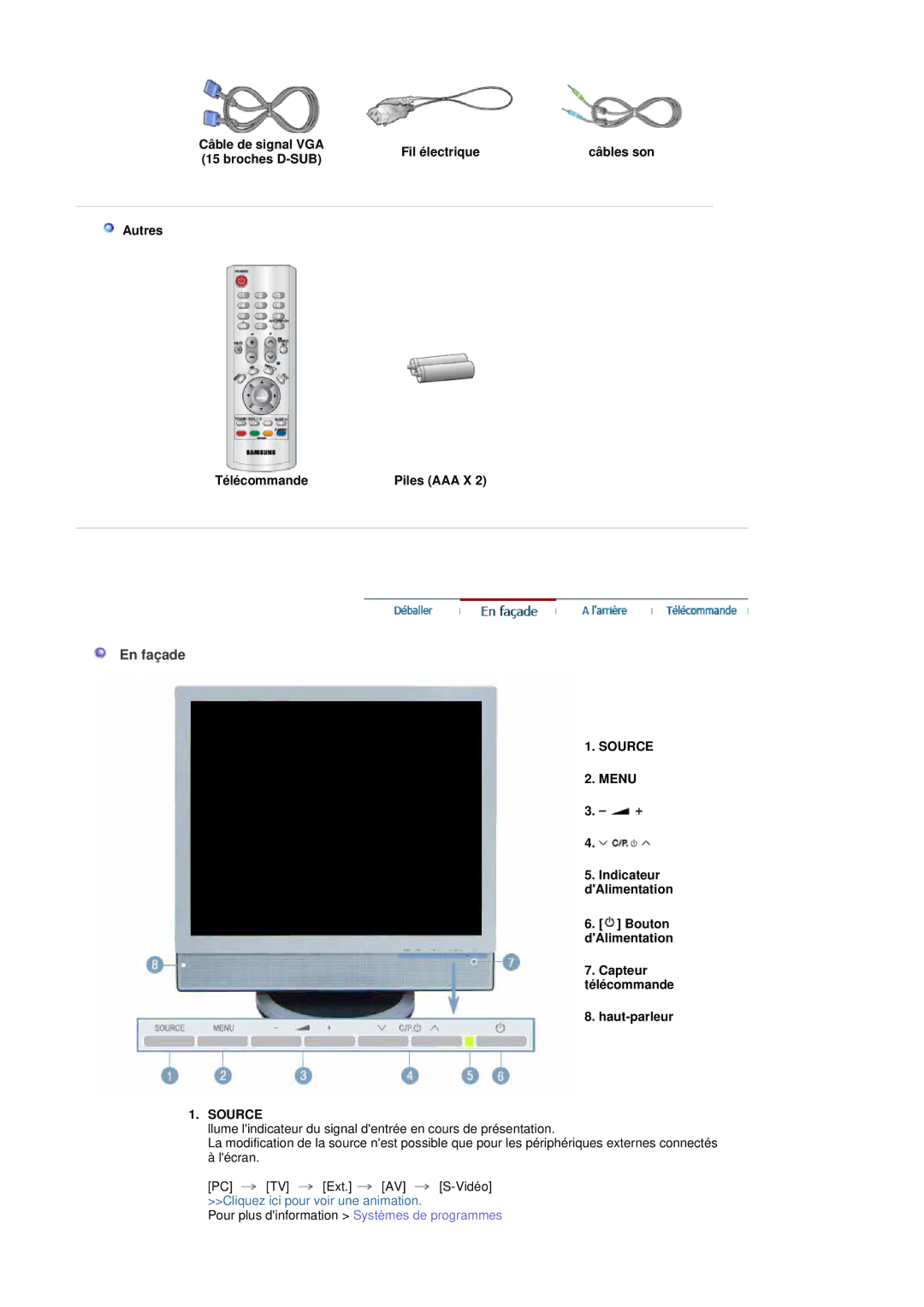 Samsung 741MP, 941MP manual En façade, Source Menu 