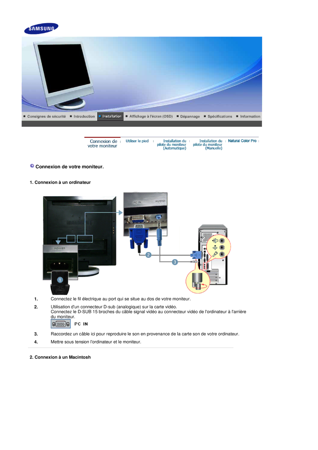 Samsung 741MP, 941MP manual Connexion de votre moniteur, Connexion à un ordinateur, Connexion à un Macintosh 