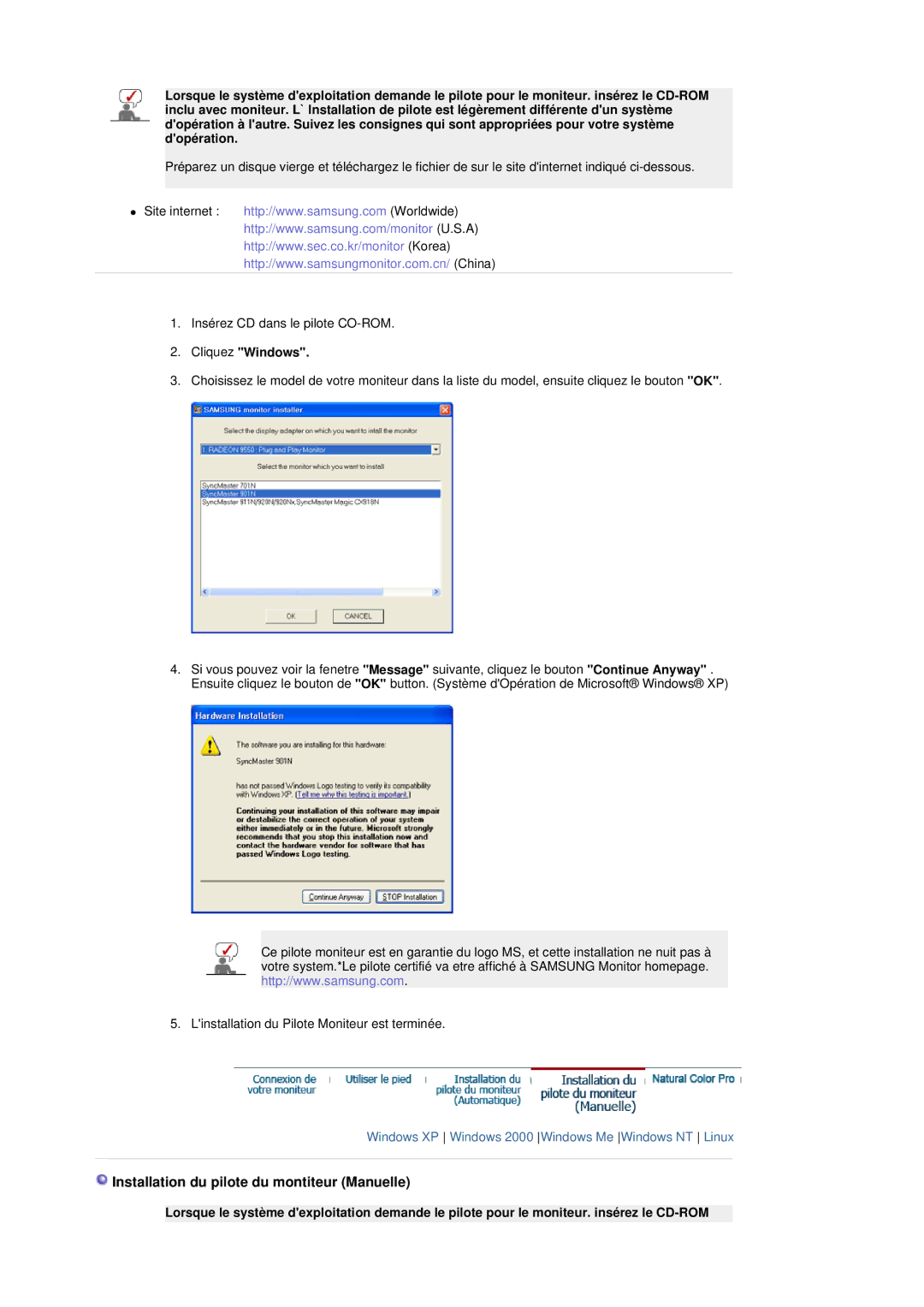 Samsung 941MP, 741MP manual Installation du pilote du montiteur Manuelle, Cliquez Windows 