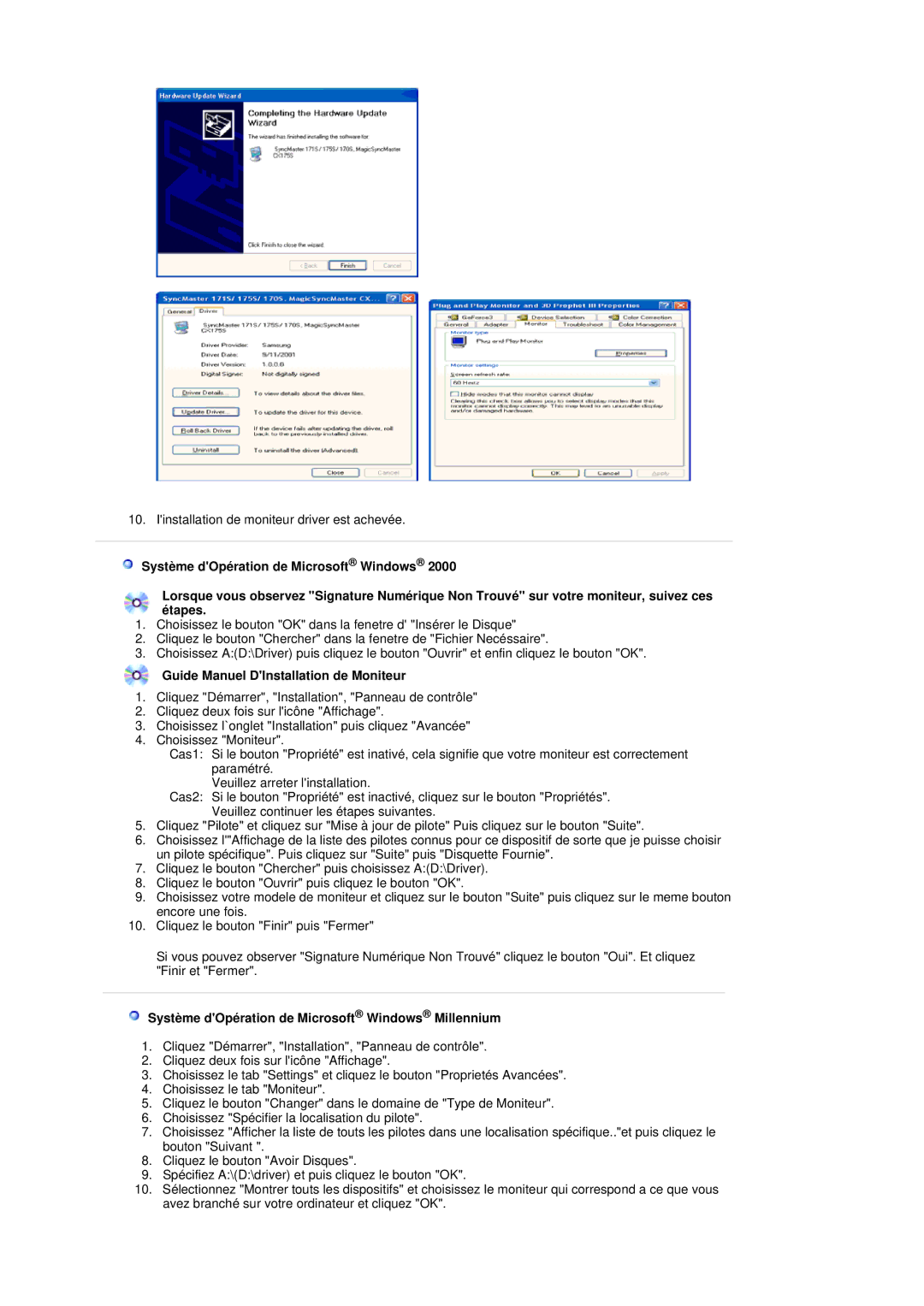 Samsung 741MP, 941MP manual Guide Manuel DInstallation de Moniteur, Système dOpération de Microsoft Windows Millennium 