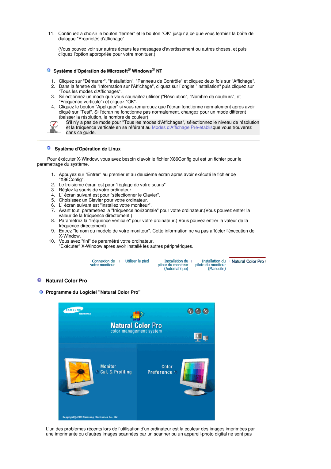 Samsung 941MP, 741MP manual Natural Color Pro, Système dOpération de Microsoft Windows NT, Système dOpération de Linux 