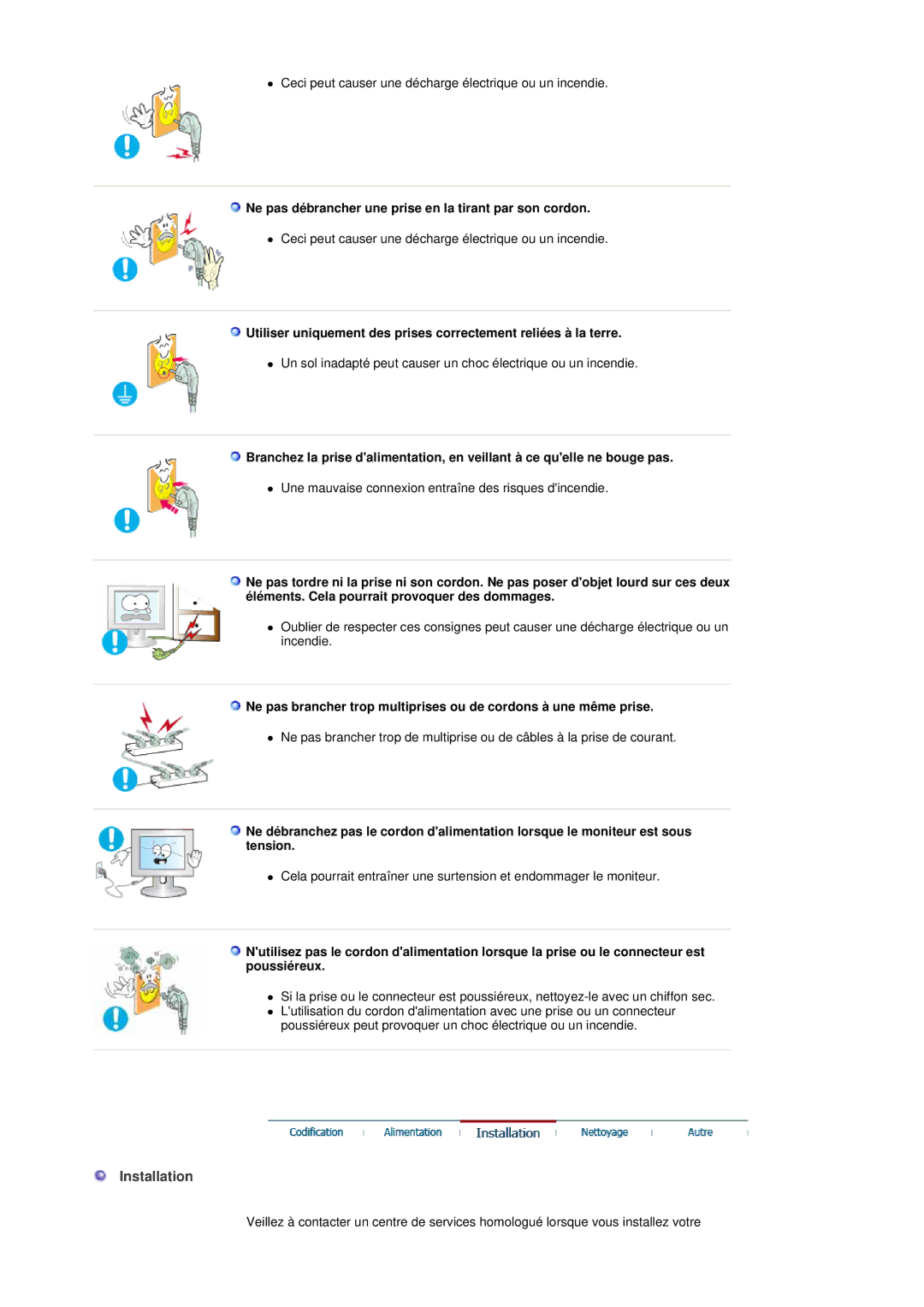 Samsung 741MP, 941MP manual Installation, Ne pas débrancher une prise en la tirant par son cordon 