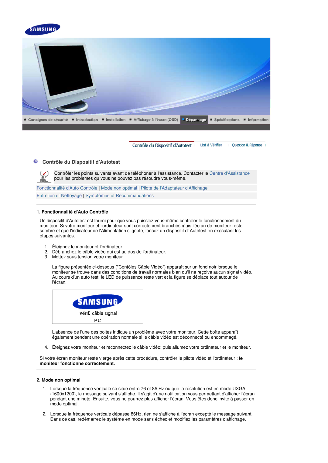 Samsung 941MP, 741MP manual Contrôle du Dispositif dAutotest, Fonctionnalité dAuto Contrôle, Mode non optimal 