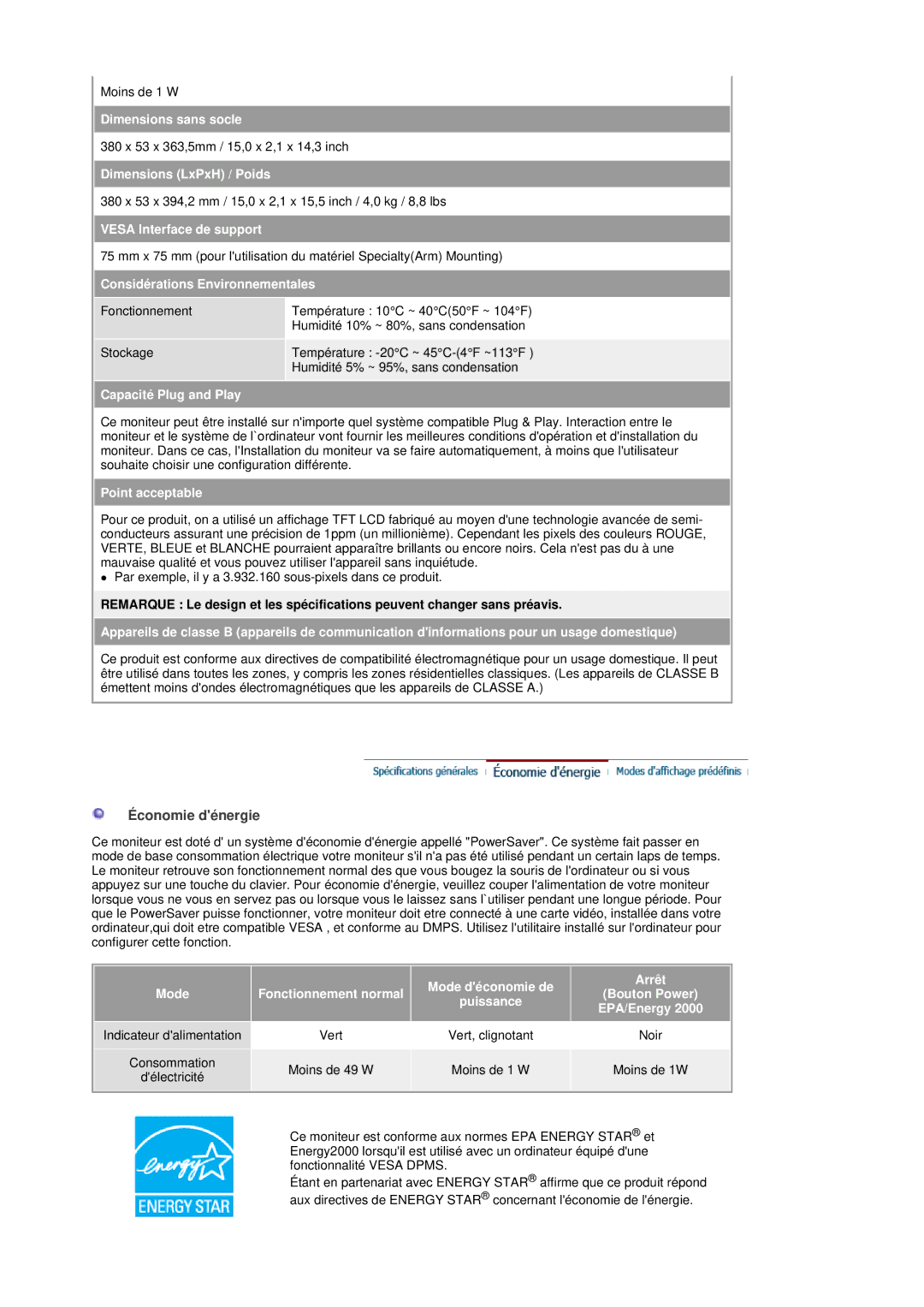 Samsung 941MP, 741MP manual Économie dénergie, Considérations Environnementales 