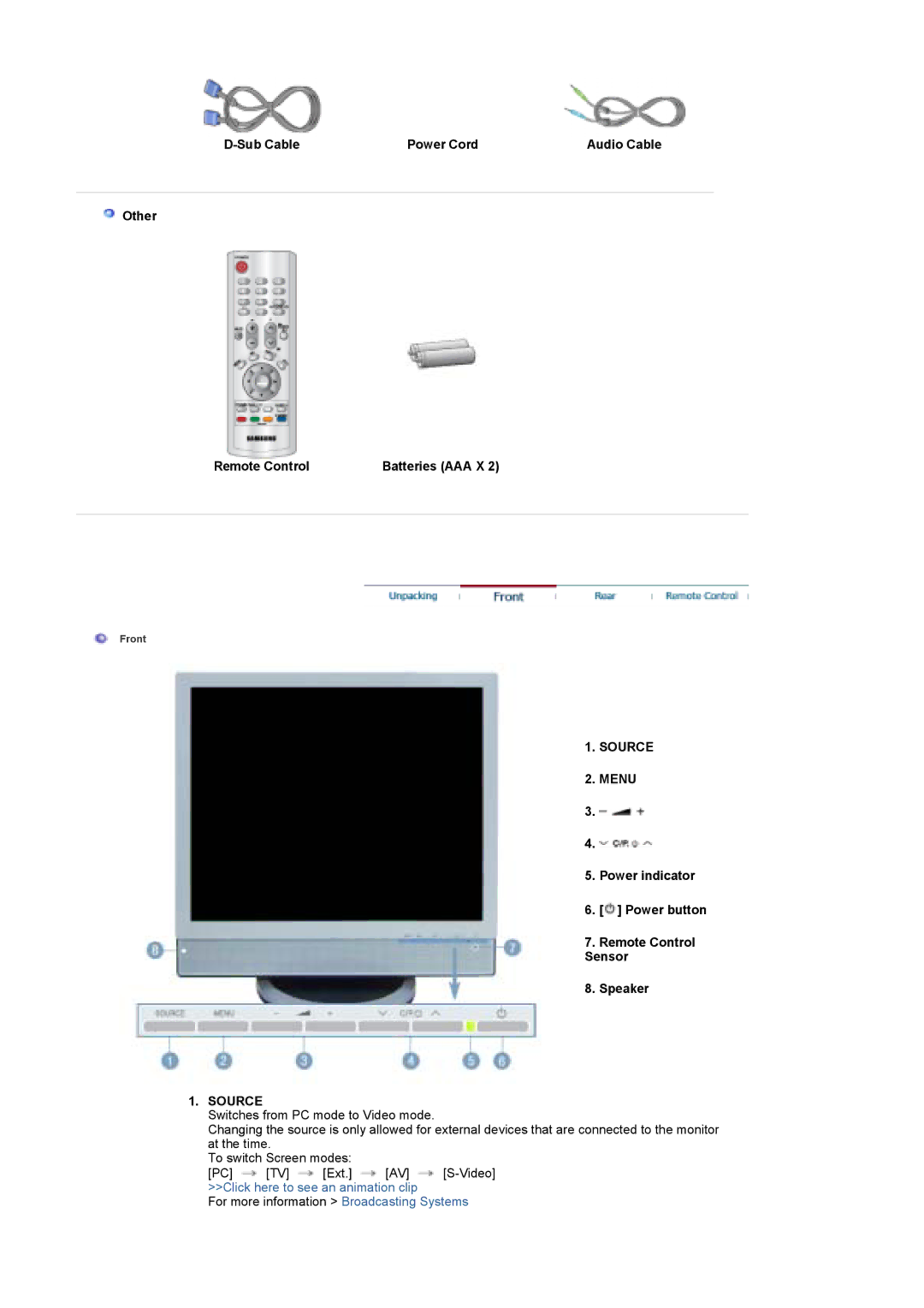 Samsung 741MP, 941MP manual Sub Cable Power Cord, Other Remote Control Batteries AAA X, Source Menu 