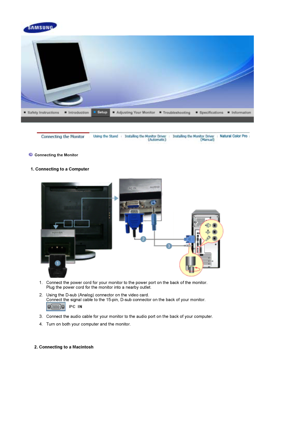 Samsung 741MP, 941MP manual Connecting to a Computer, Connecting to a Macintosh 