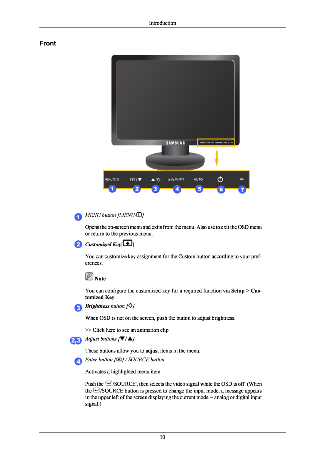 Samsung 743B, 943BX user manual Front, MENU button MENU, Enter button / SOURCE button, Customized Key, Brightness button 