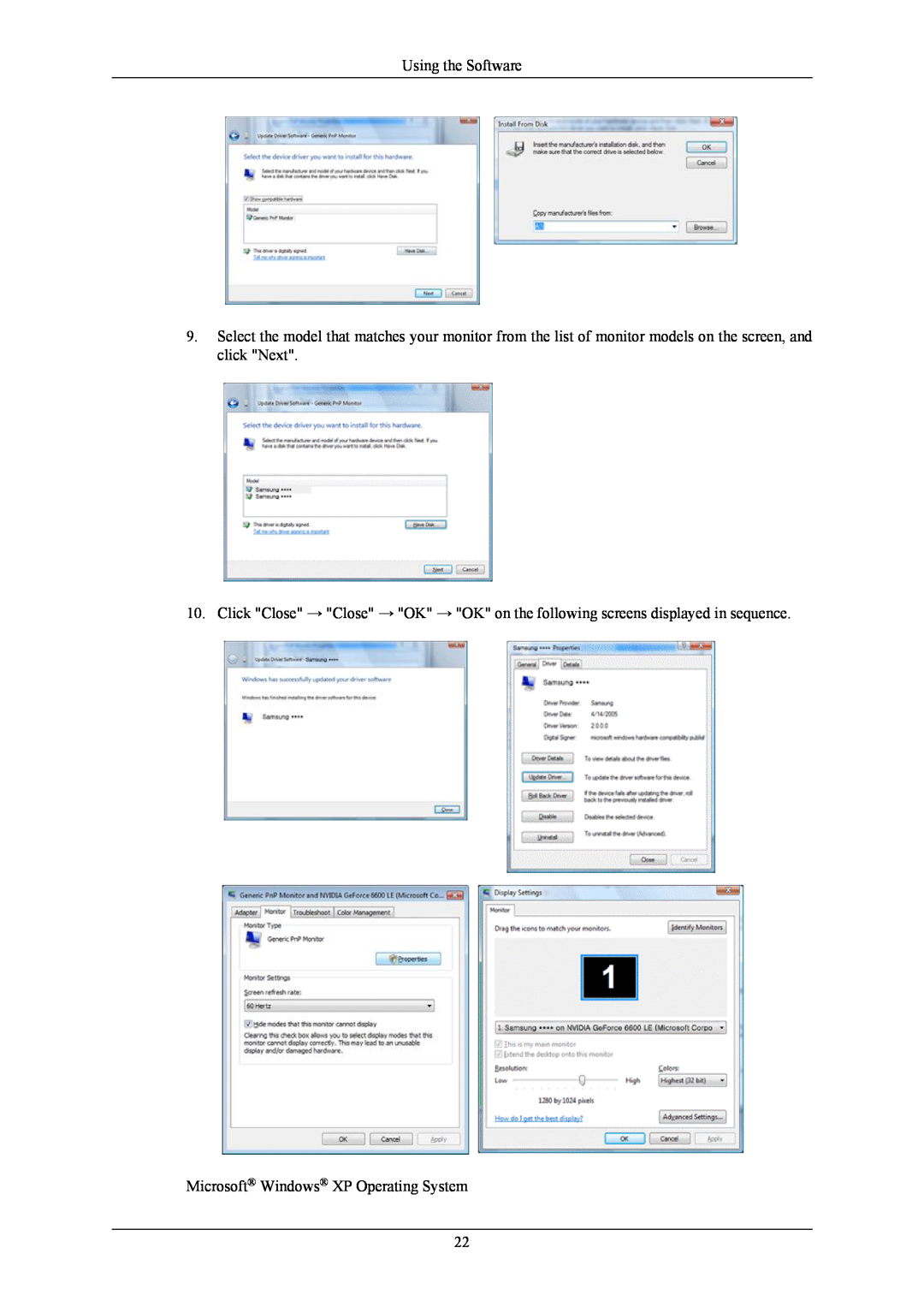 Samsung 943BX, 743B user manual Using the Software, Microsoft Windows XP Operating System 
