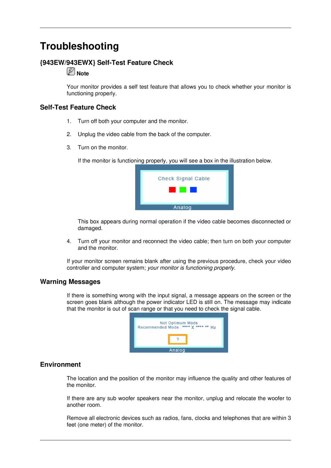 Samsung 2243EWX, 2043EWX user manual 943EW/943EWX Self-Test Feature Check, Environment 