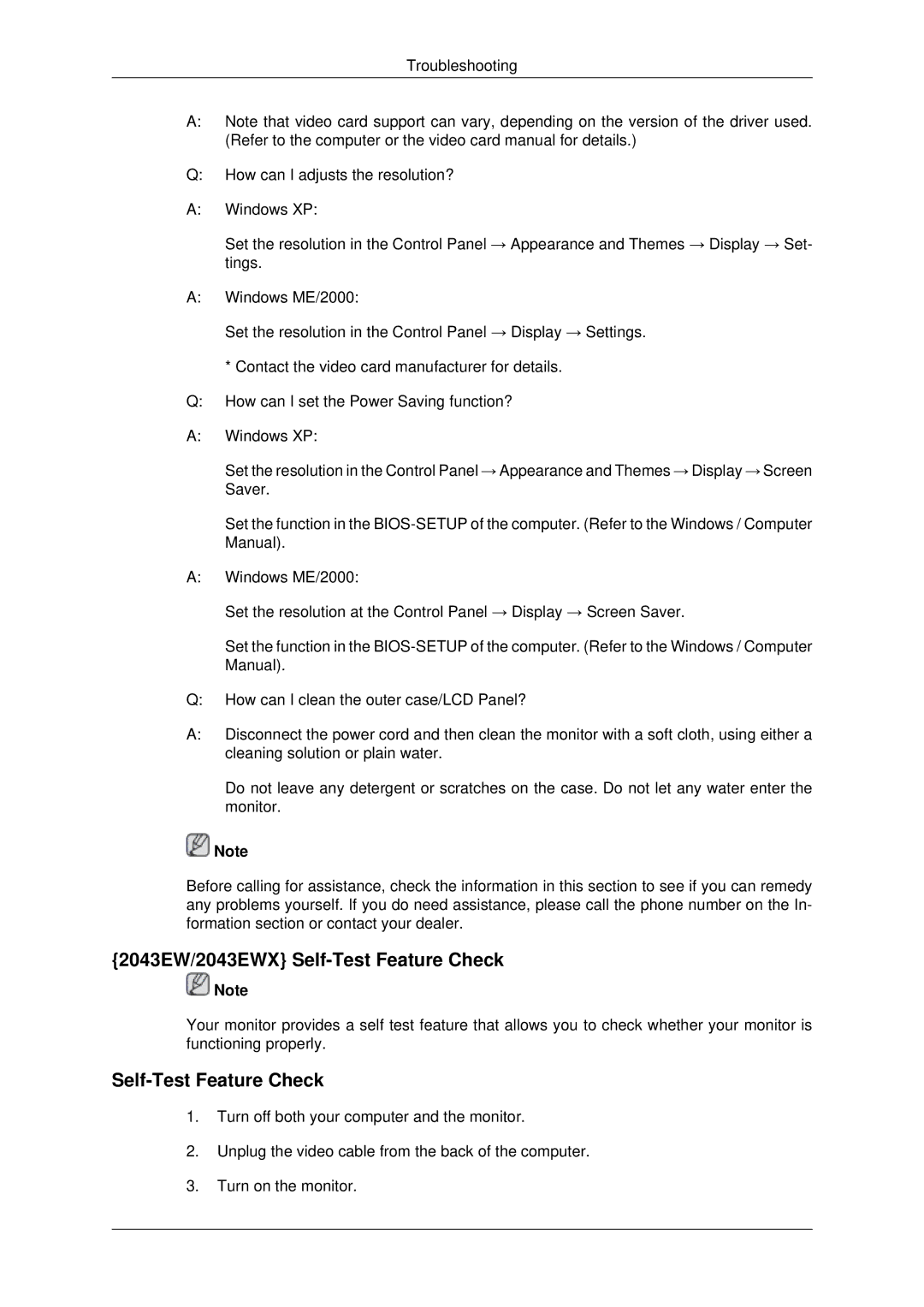 Samsung 2243EWX, 943EWX user manual 2043EW/2043EWX Self-Test Feature Check 