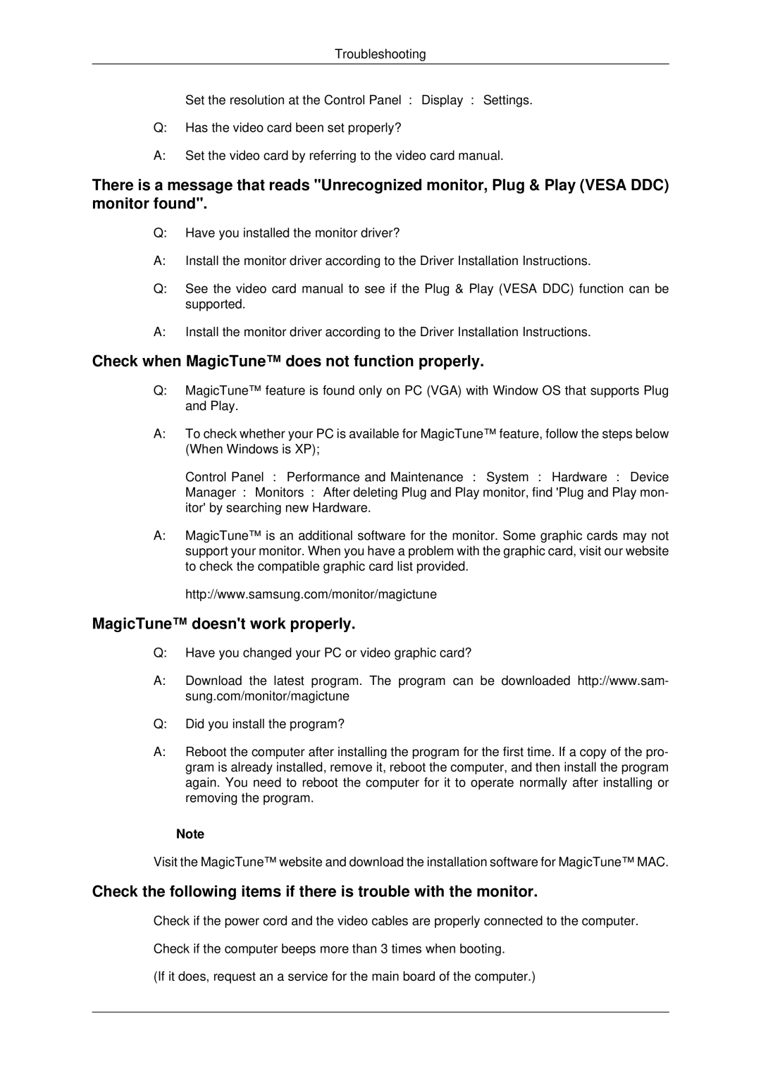 Samsung 943EWX, 2243EWX, 2043EWX user manual Check when MagicTune does not function properly 