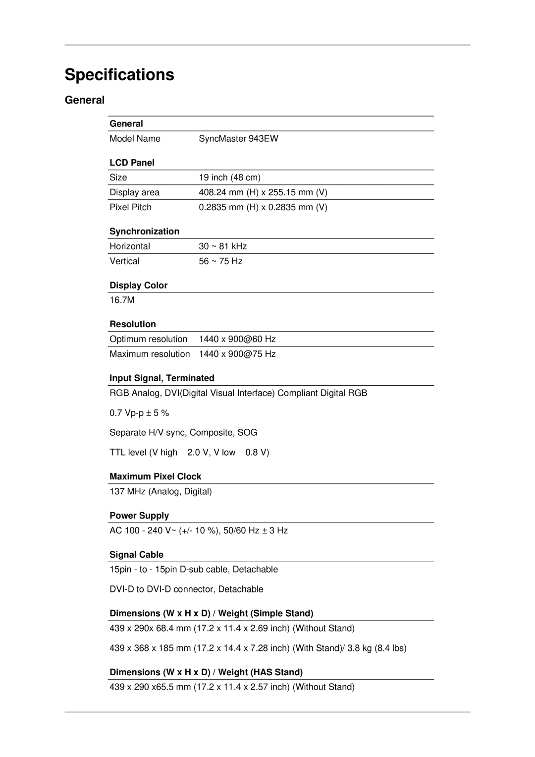 Samsung 943EWX, 2243EWX, 2043EWX user manual Specifications, General 