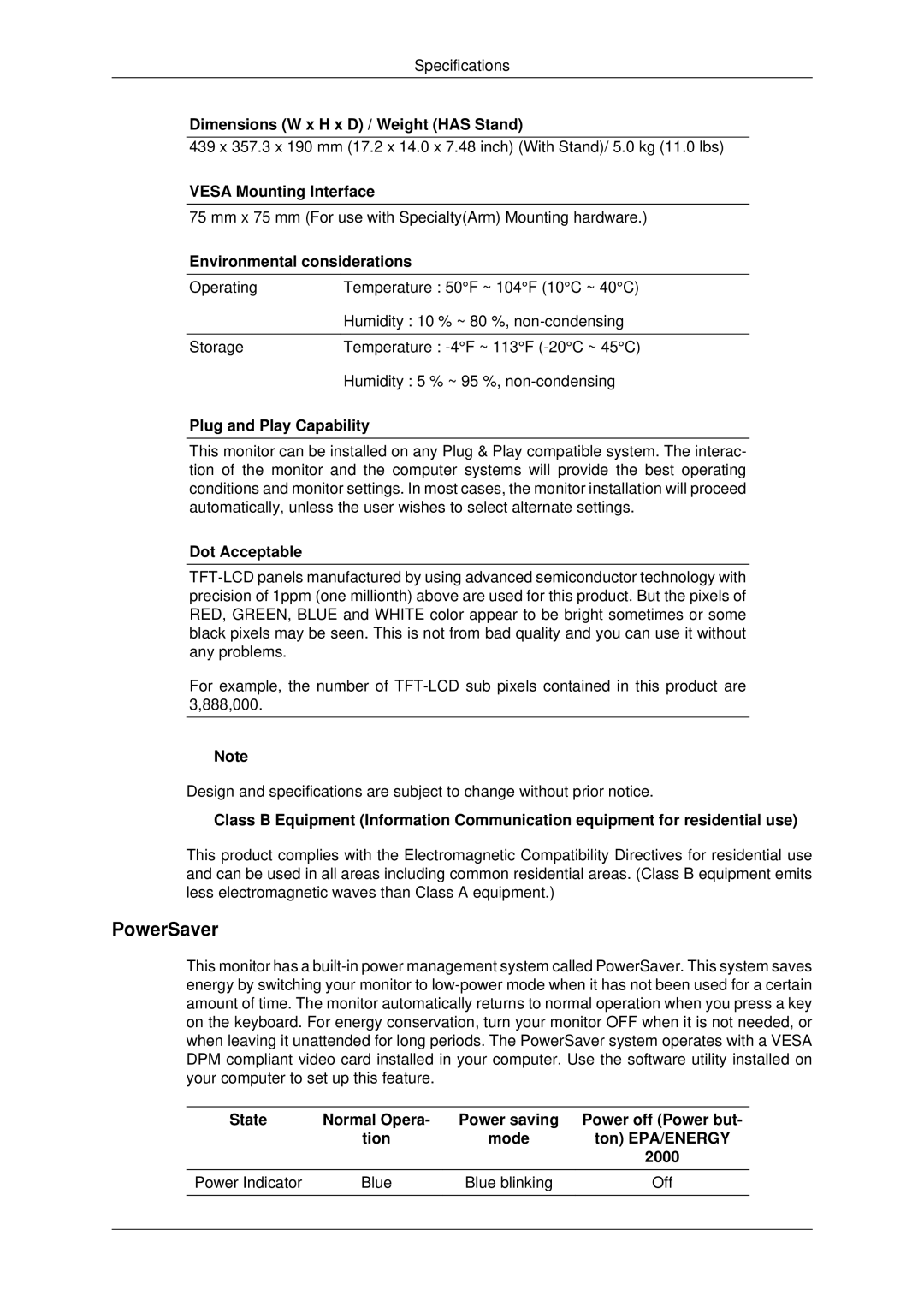 Samsung 943EWX, 2243EWX, 2043EWX user manual PowerSaver, Environmental considerations 