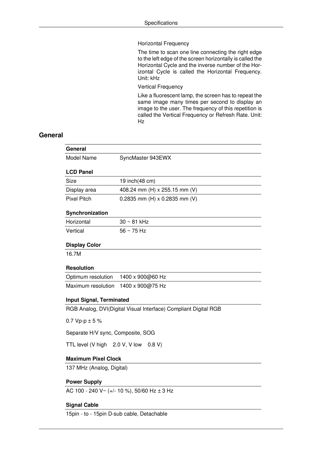 Samsung 2243EWX, 2043EWX user manual Model Name SyncMaster 943EWX 