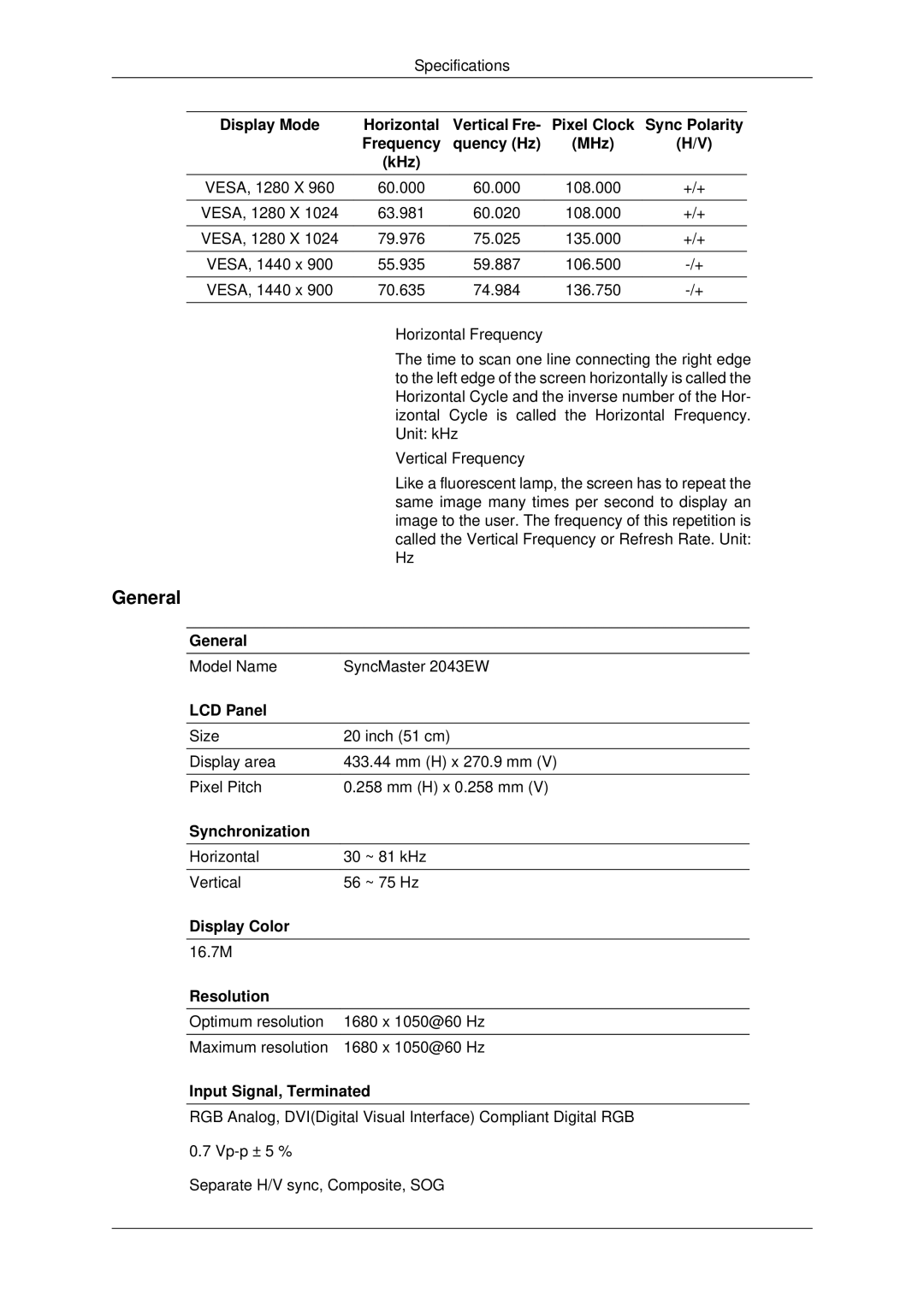 Samsung 943EWX, 2243EWX, 2043EWX user manual Sync Polarity 