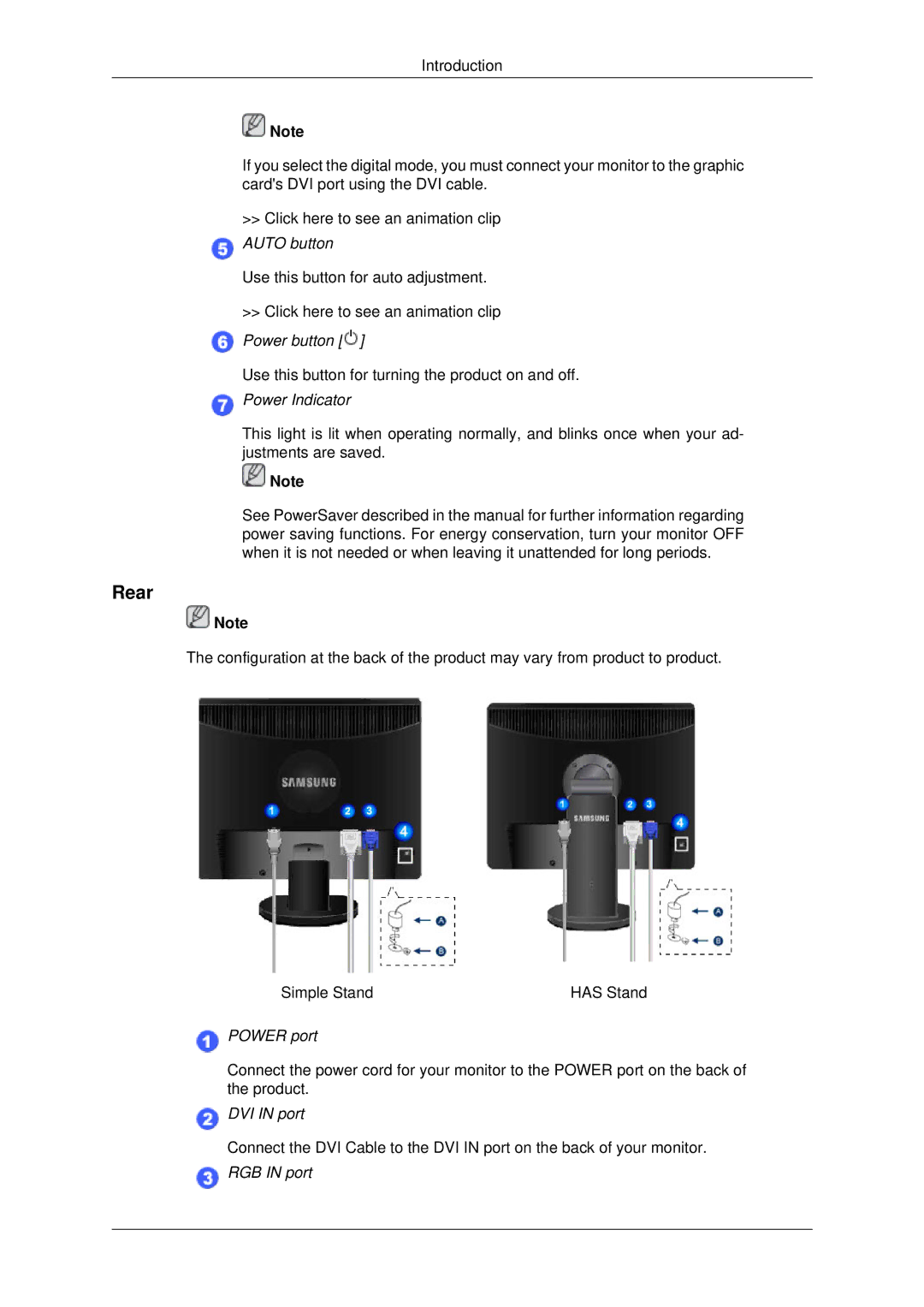 Samsung 943EWX, 2243EWX, 2043EWX user manual Rear, Power Indicator 