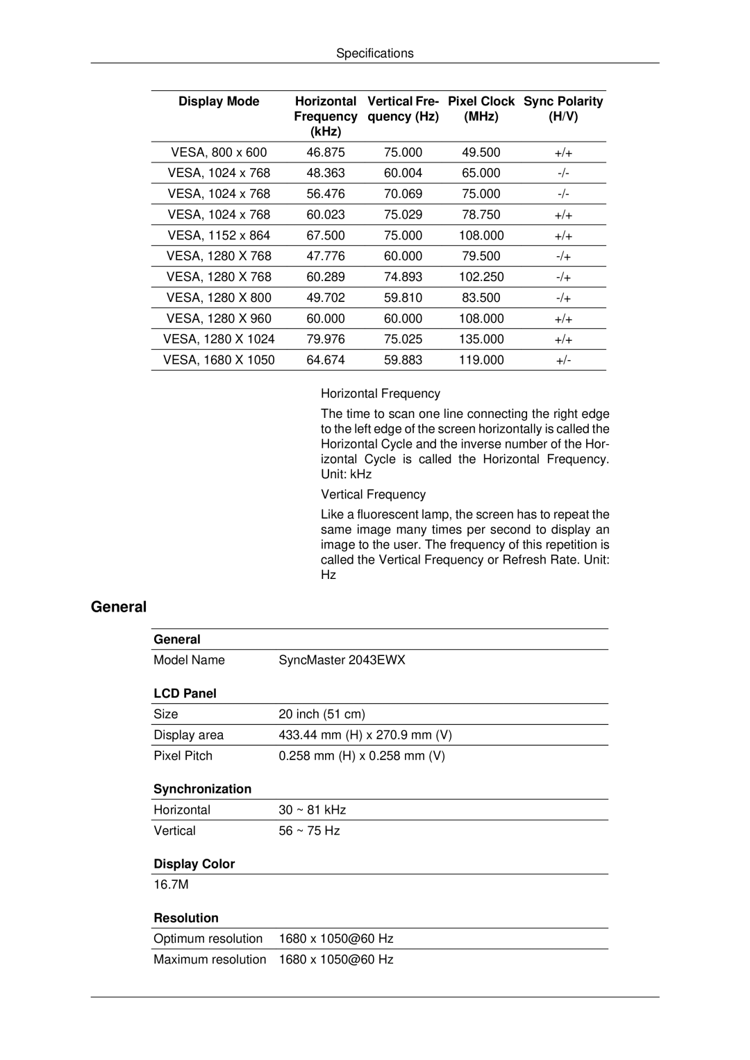 Samsung 943EWX, 2243EWX user manual Model Name SyncMaster 2043EWX 