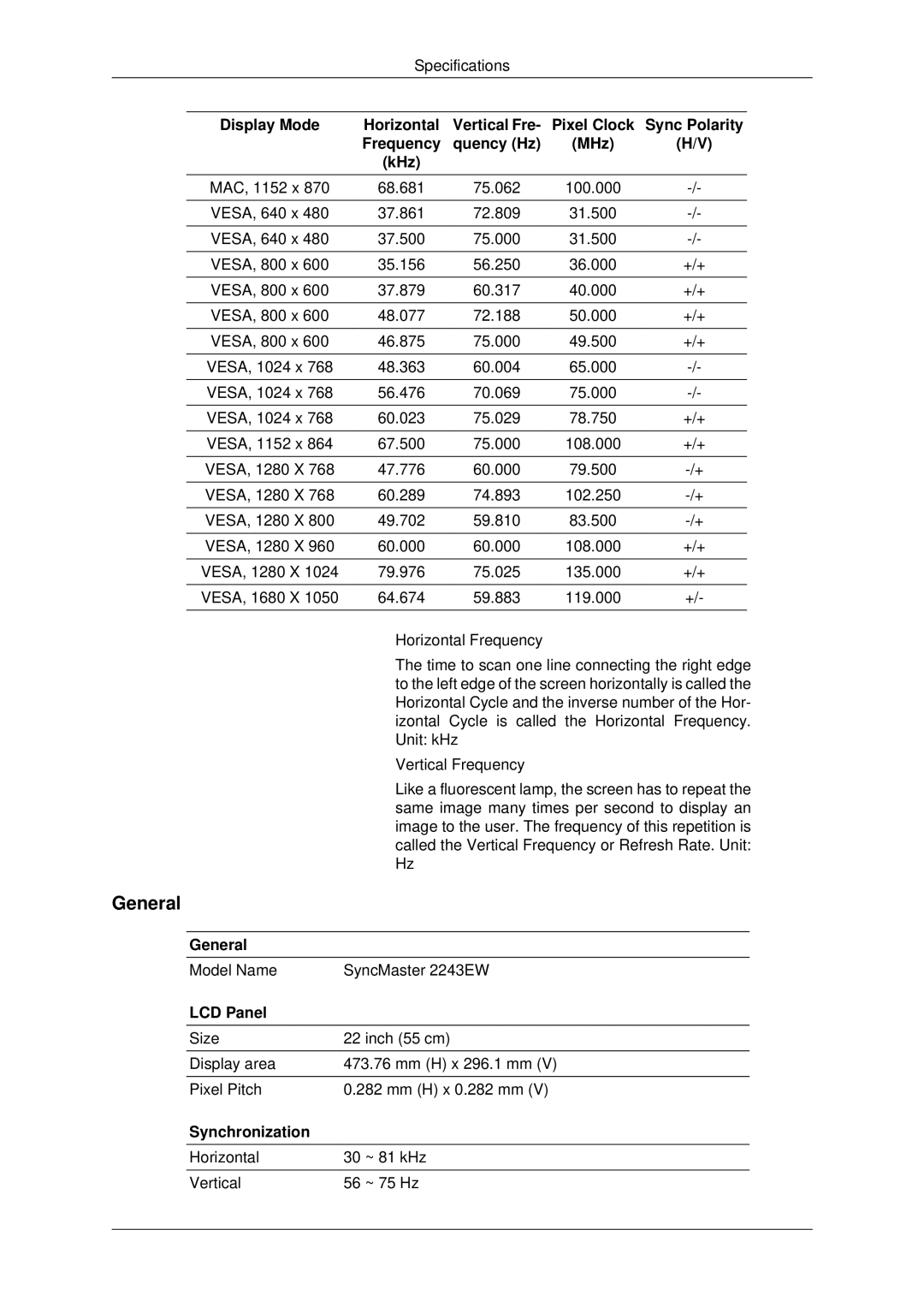 Samsung 943EWX, 2243EWX, 2043EWX user manual Model Name SyncMaster 2243EW 