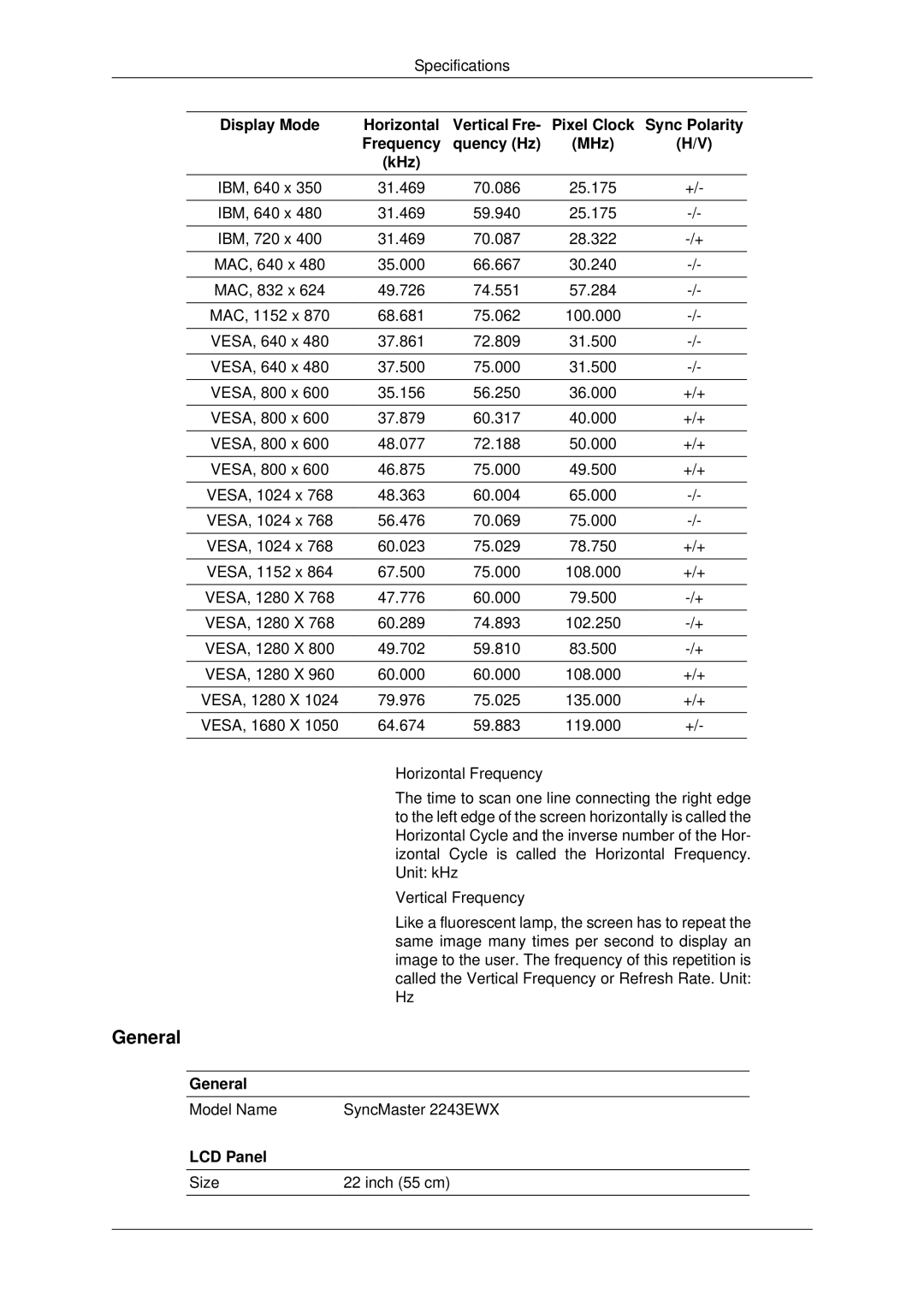 Samsung 943EWX, 2043EWX user manual Model Name SyncMaster 2243EWX 