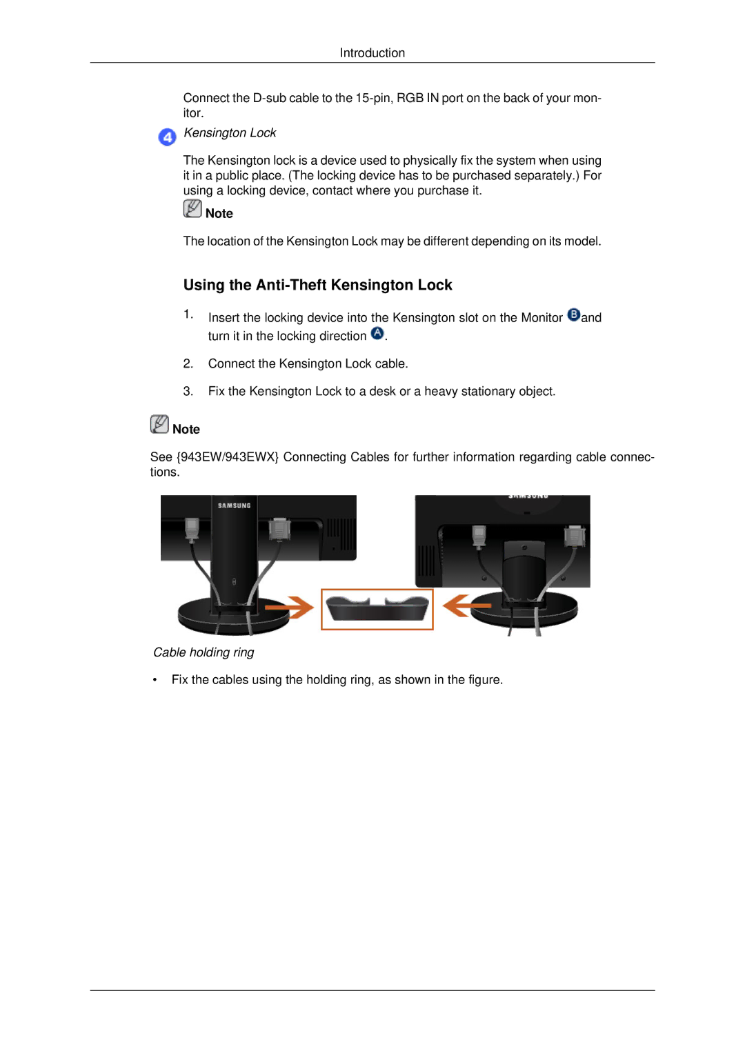 Samsung 2243EWX, 943EWX, 2043EWX user manual Using the Anti-Theft Kensington Lock 