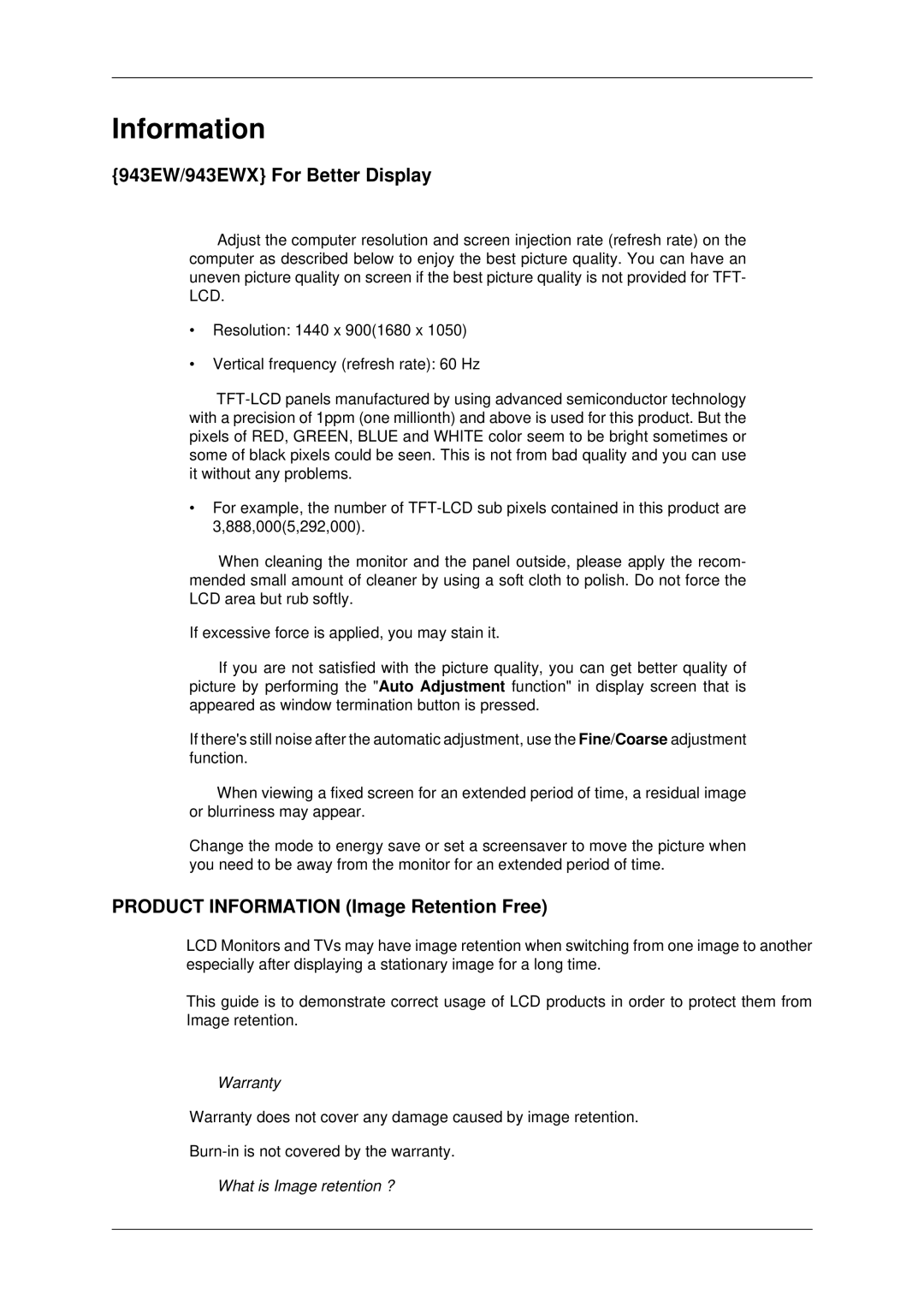 Samsung 2243EWX, 2043EWX user manual 943EW/943EWX For Better Display, Product Information Image Retention Free 