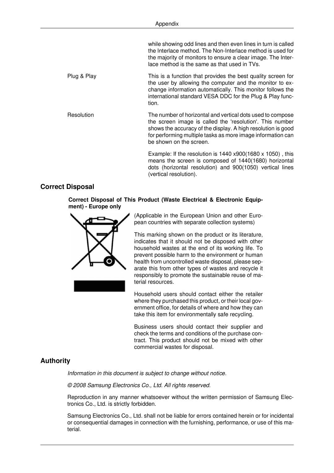 Samsung 2043EWX, 943EWX, 2243EWX user manual Correct Disposal, Authority 