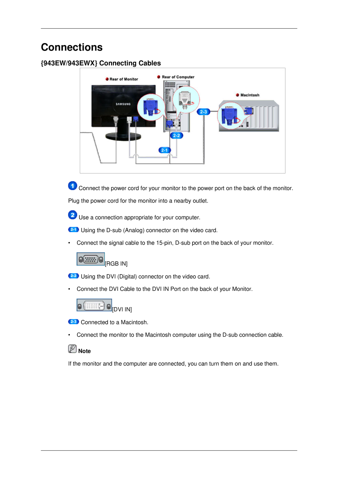 Samsung 2243EWX, 2043EWX user manual Connections, 943EW/943EWX Connecting Cables 