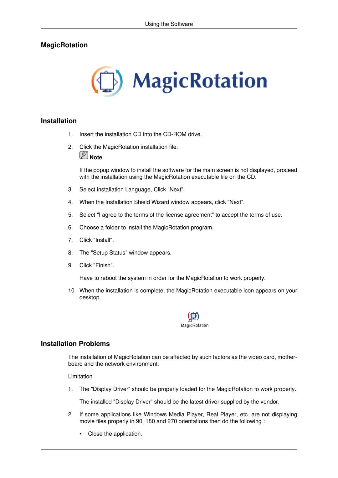 Samsung 2043EWX, 943EWX, 2243EWX user manual MagicRotation Installation 