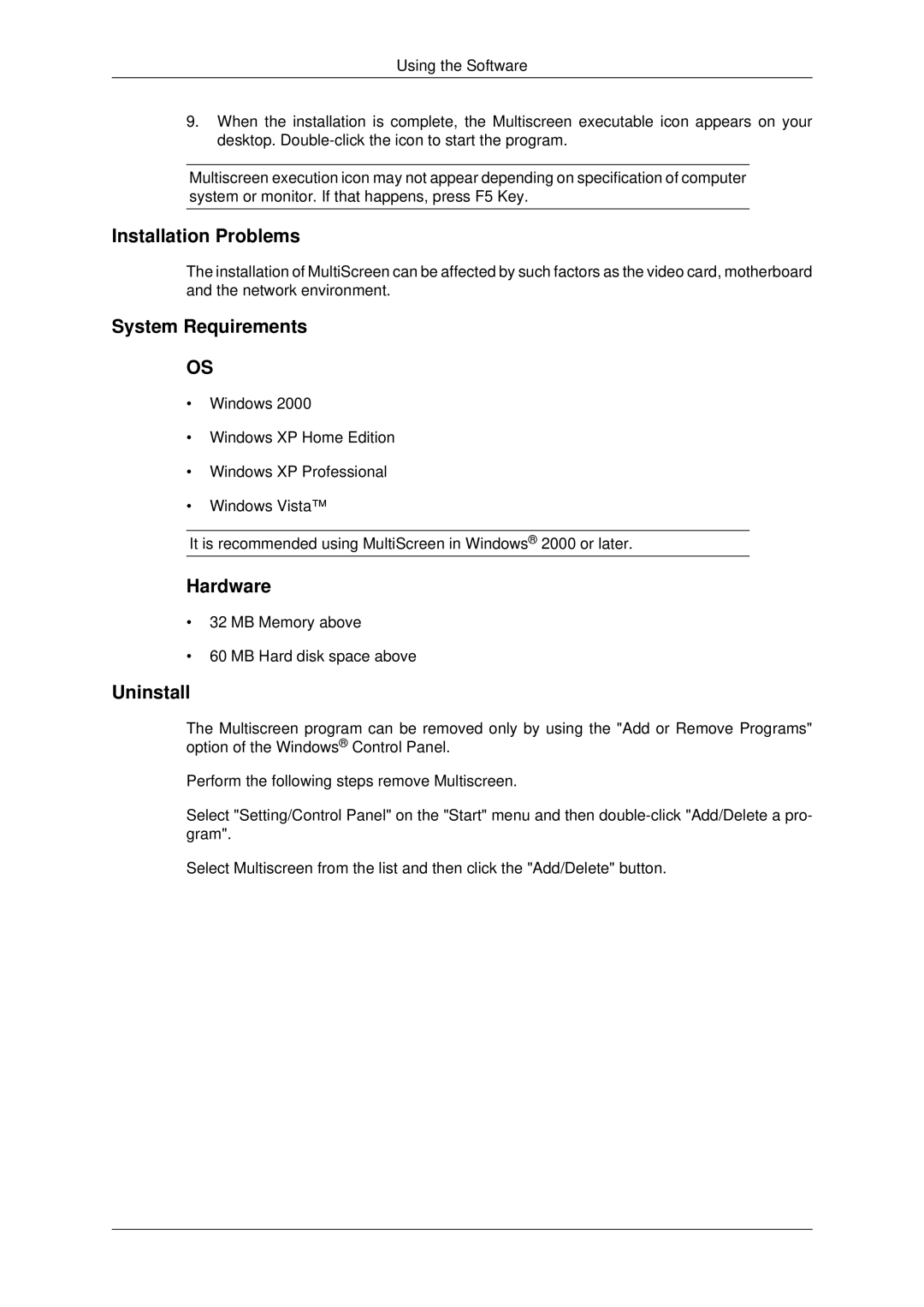 Samsung 2243EWX, 943EWX, 2043EWX user manual MB Memory above MB Hard disk space above 